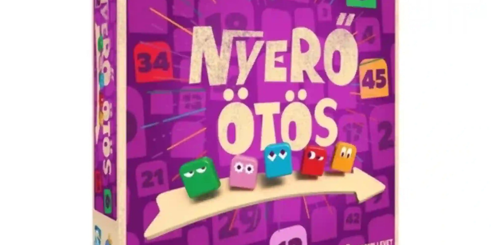 Nyerő ötös magyar nyelvű társasjáték lila színű doboza, színes számlapka karakterekkel és számokkal díszített grafikával.