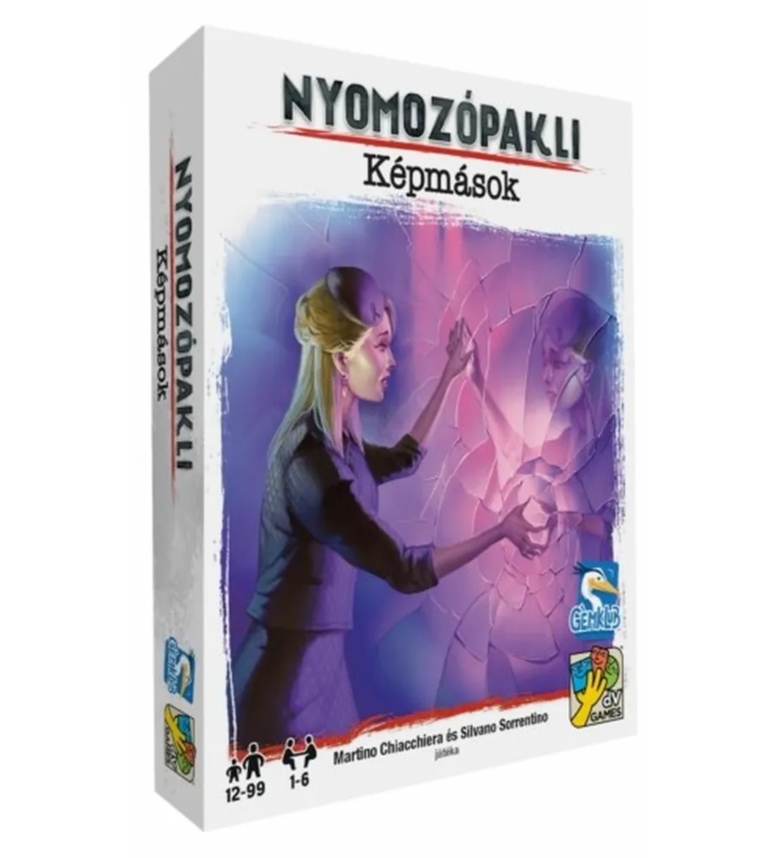 A Nyomozópakli – Képmások társasjáték doboza, amelyen egy női karakter látható, aki egy törött tükörben saját tükörképét érinti. A borító sejtelmes, krimis hangulatot áraszt.
