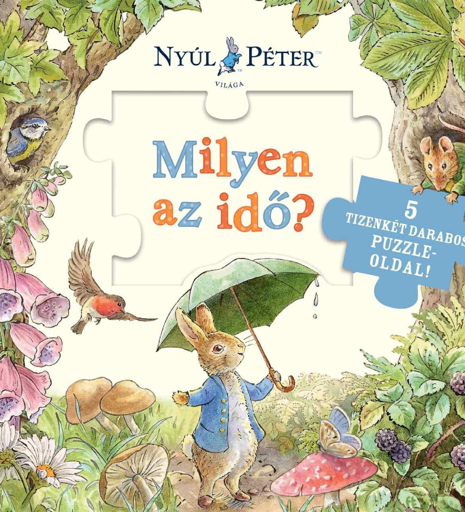 Illusztrált könyvborító Nyúl Péterrel, aki esernyővel sétál az erdei növények között, madarakkal és apró állatokkal körülvéve.