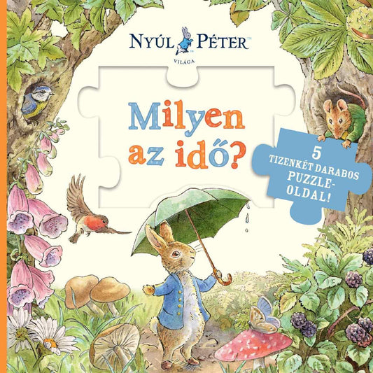 Illusztrált könyvborító Nyúl Péterrel, aki esernyővel sétál az erdei növények között, madarakkal és apró állatokkal körülvéve.
