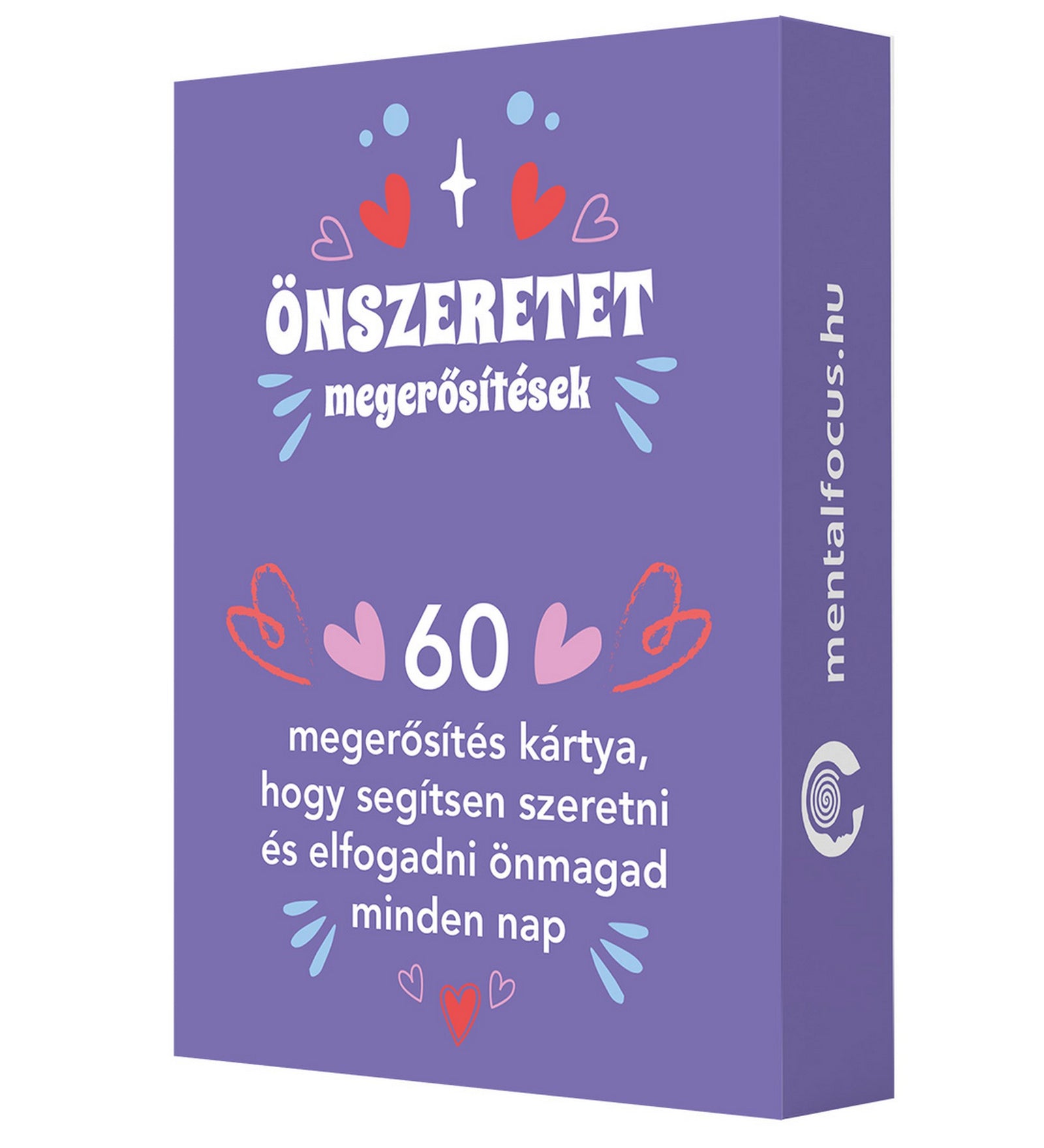 Önszeretet megerősítések doboza lila színben, 60 inspiráló kártyával az önelfogadás és önszeretet erősítésére.