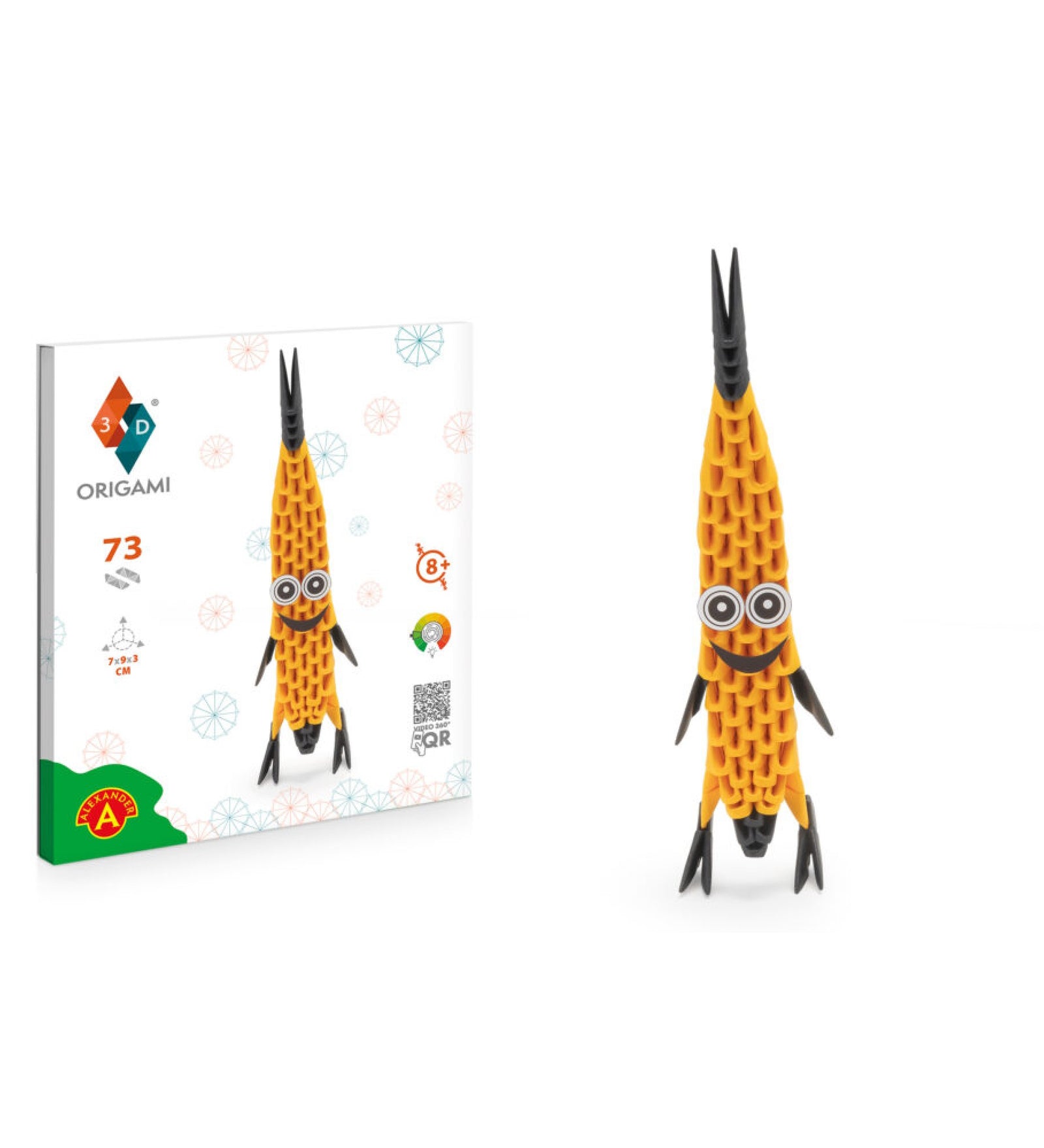 Alexander 3D Origami – Banán készlet doboza és az elkészült 3D origami banánfigura, részletesen kidolgozott elemekkel, gyerekeknek 8 éves kortól.