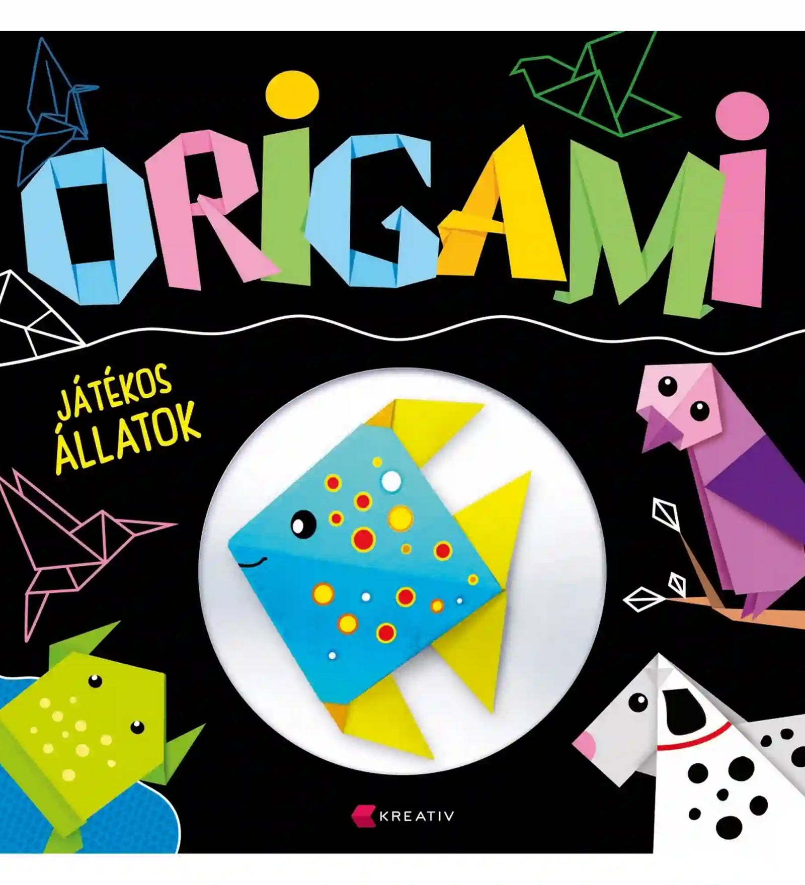 Origami – Játékos állatok kreatív origami füzet borítója színes papírhajtogatott állatfigurákkal és hal mintával fekete háttéren.
