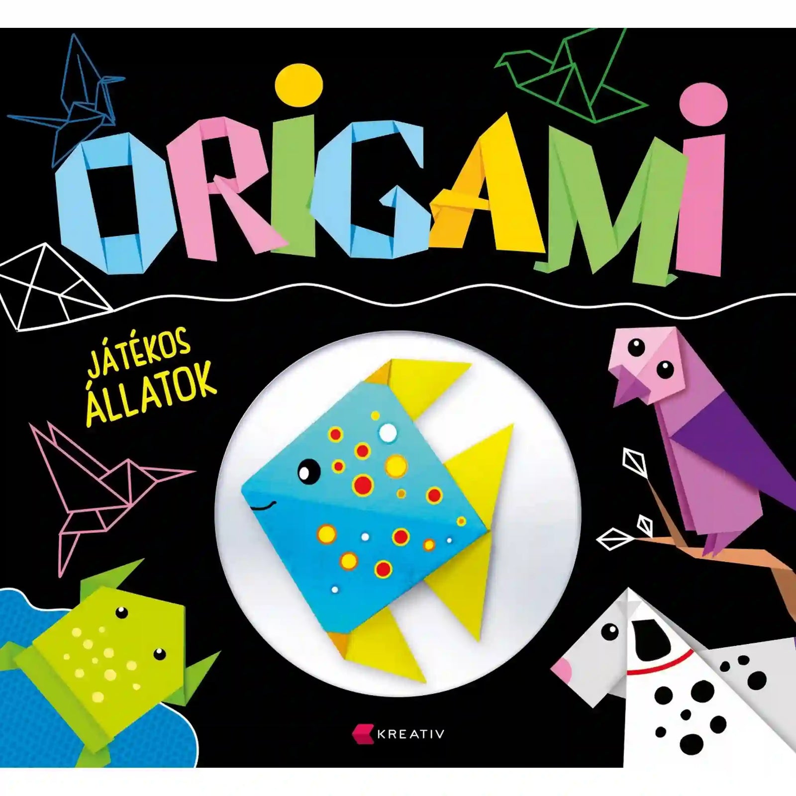 Origami – Játékos állatok kreatív origami füzet borítója színes papírhajtogatott állatfigurákkal és hal mintával fekete háttéren.
