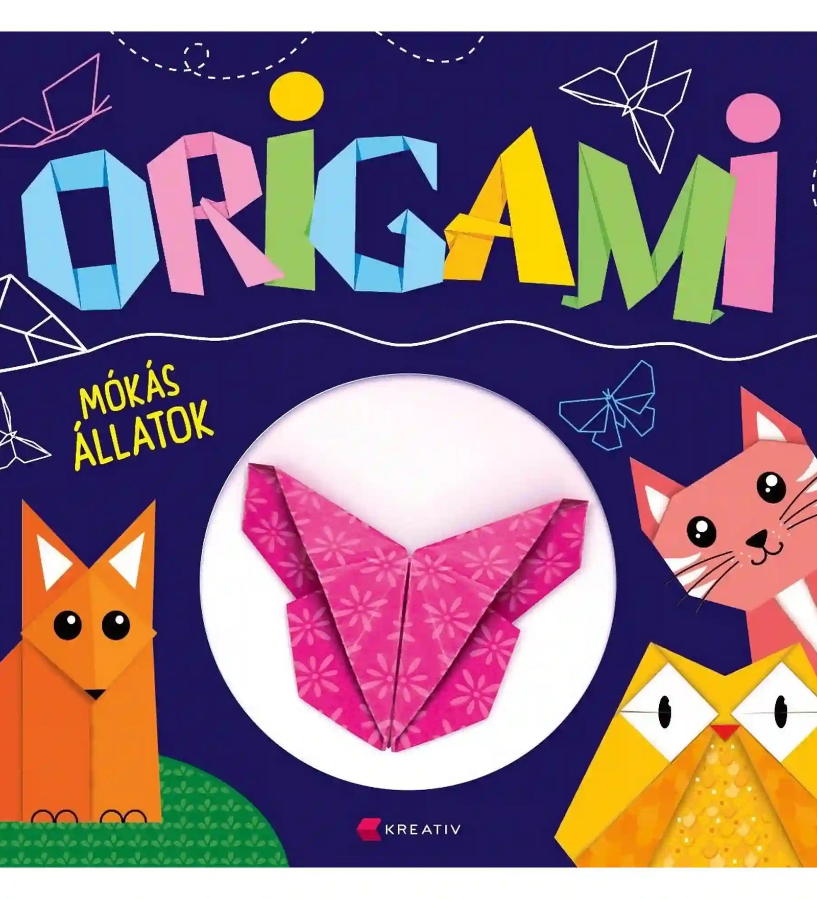 Origami – Mókás állatok könyv borítója színes papírhajtogatott állatokkal és rózsaszín origami rókával a középen.