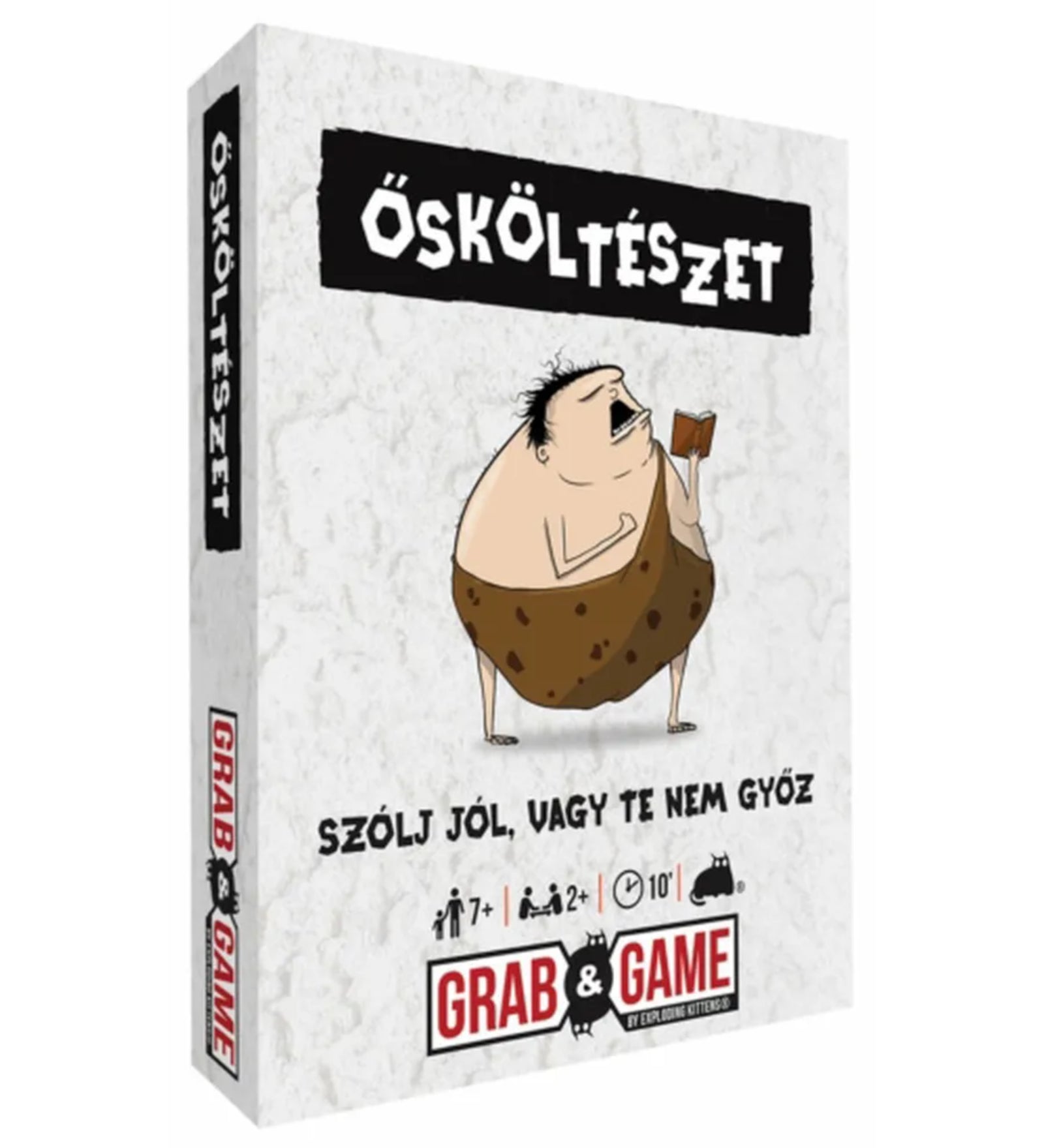 Ez a képen az Ősköltészet Mini társasjáték doboza látható, amely egy rendkívül szórakoztató, nyelvi játék. A borítón egy vicces, ősembert ábrázoló illusztráció látható, aki épp egy verseskötetet olvas – természetesen állatbőr ruhában. A doboz alján ikonok jelzik, hogy a játék 7 éves kortól ajánlott, legalább 2 fővel játszható, és egy menet körülbelül 10 percet vesz igénybe. A szlogen is sokat sejtet a játék hangulatáról: „Szólj jól, vagy te nem győz!”, ami tökéletesen visszaadja a játék lényegét.