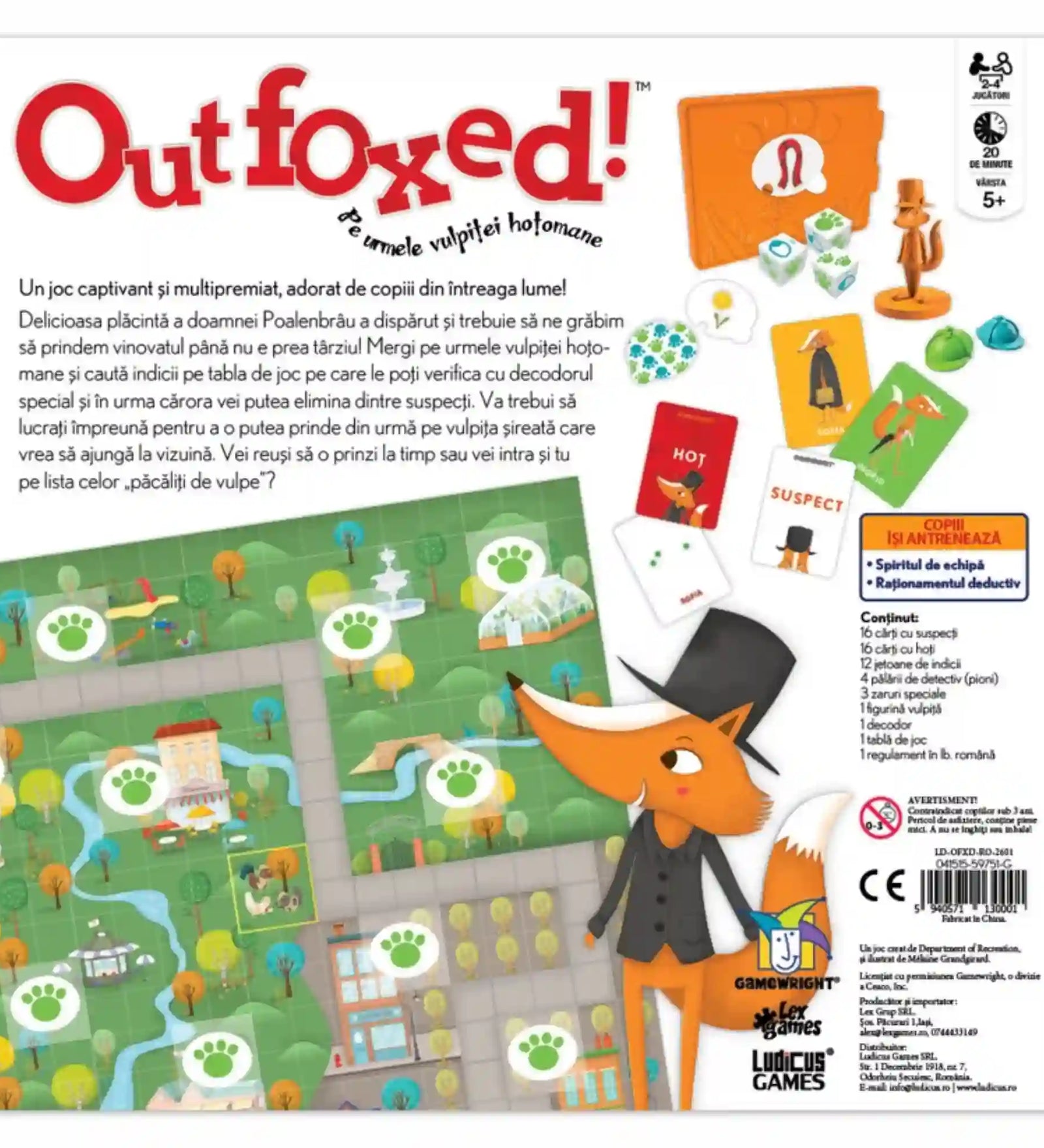Az Outfoxed! – A ravasz róka nyomában társasjáték dobozának hátoldala a játéktáblával, játékelemekkel és a játékleírással.