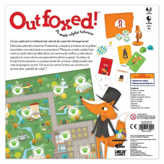 Az Outfoxed! – A ravasz róka nyomában társasjáték dobozának hátoldala a játéktáblával, játékelemekkel és a játékleírással.