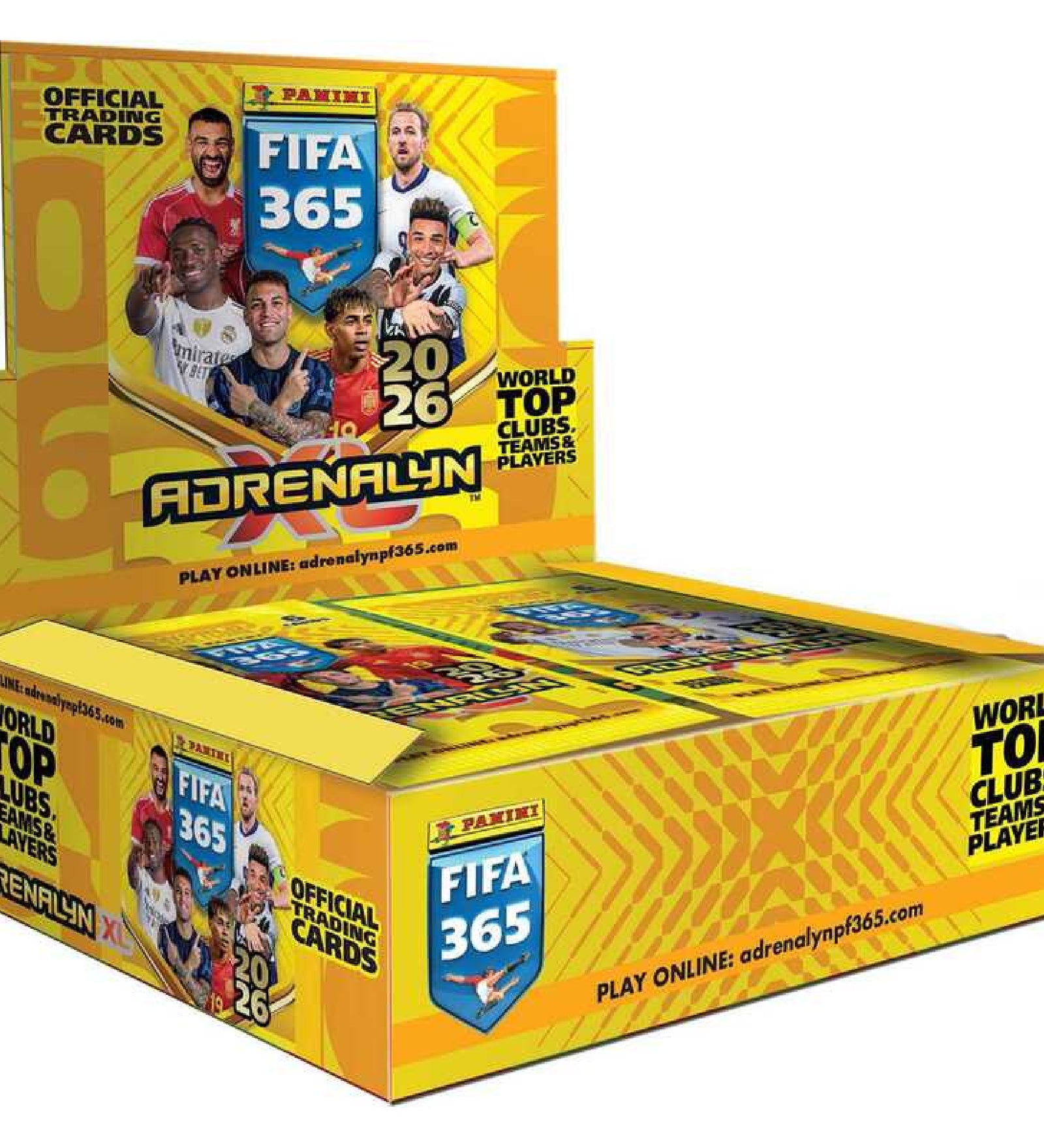 Panini FIFA 365 2025–2026 Adrenalyn XL gyűjtőkártya display box 24 csomaggal, sárga FIFA 365 doboz világhírű futballjátékosok grafikájával