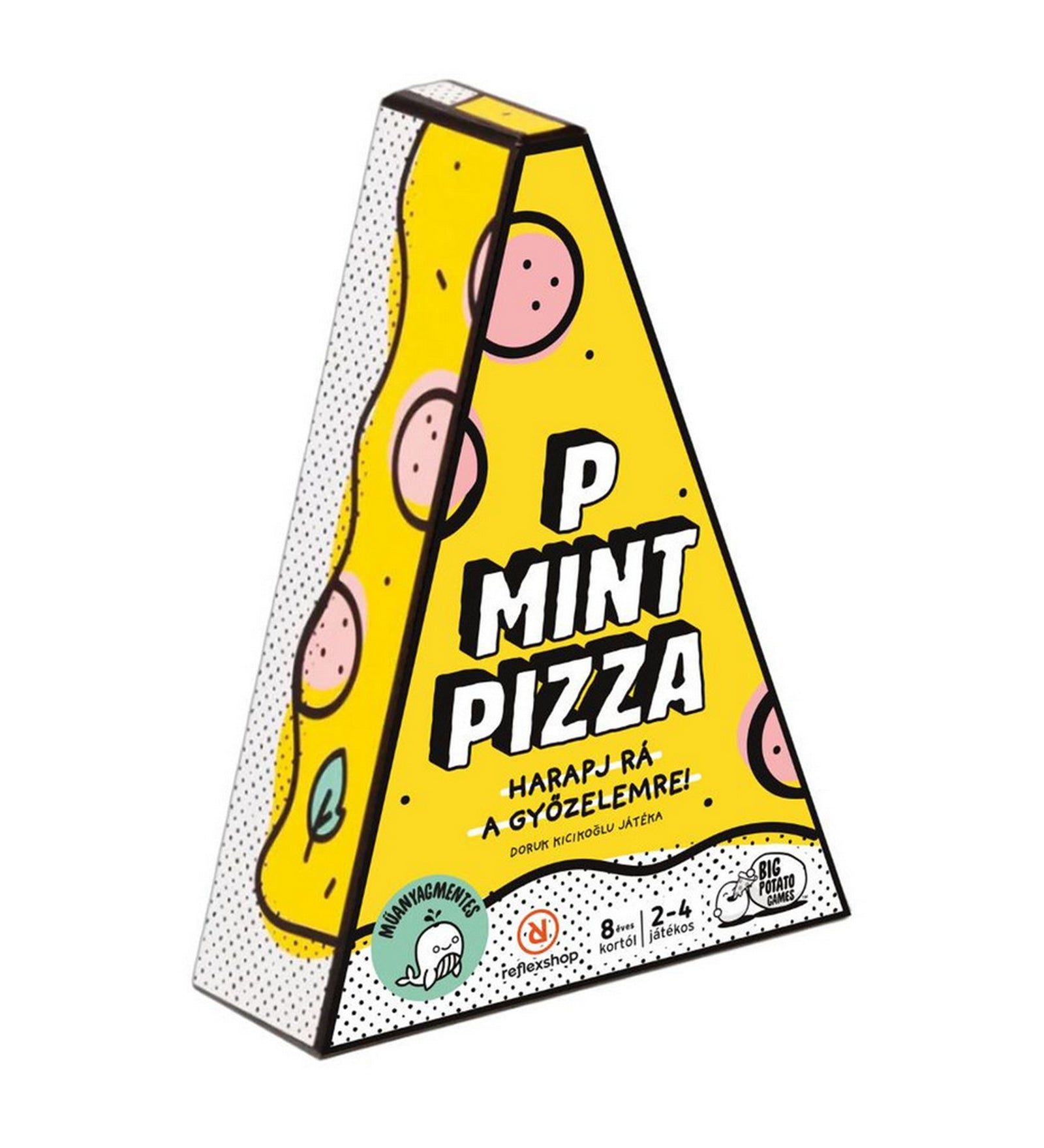 P Mint Pizza társasjáték dobozkép oldalnézetből, pizza szelet formájú csomagolással, sárga alapszínnel, játékos grafikával és gyártói logókkal.