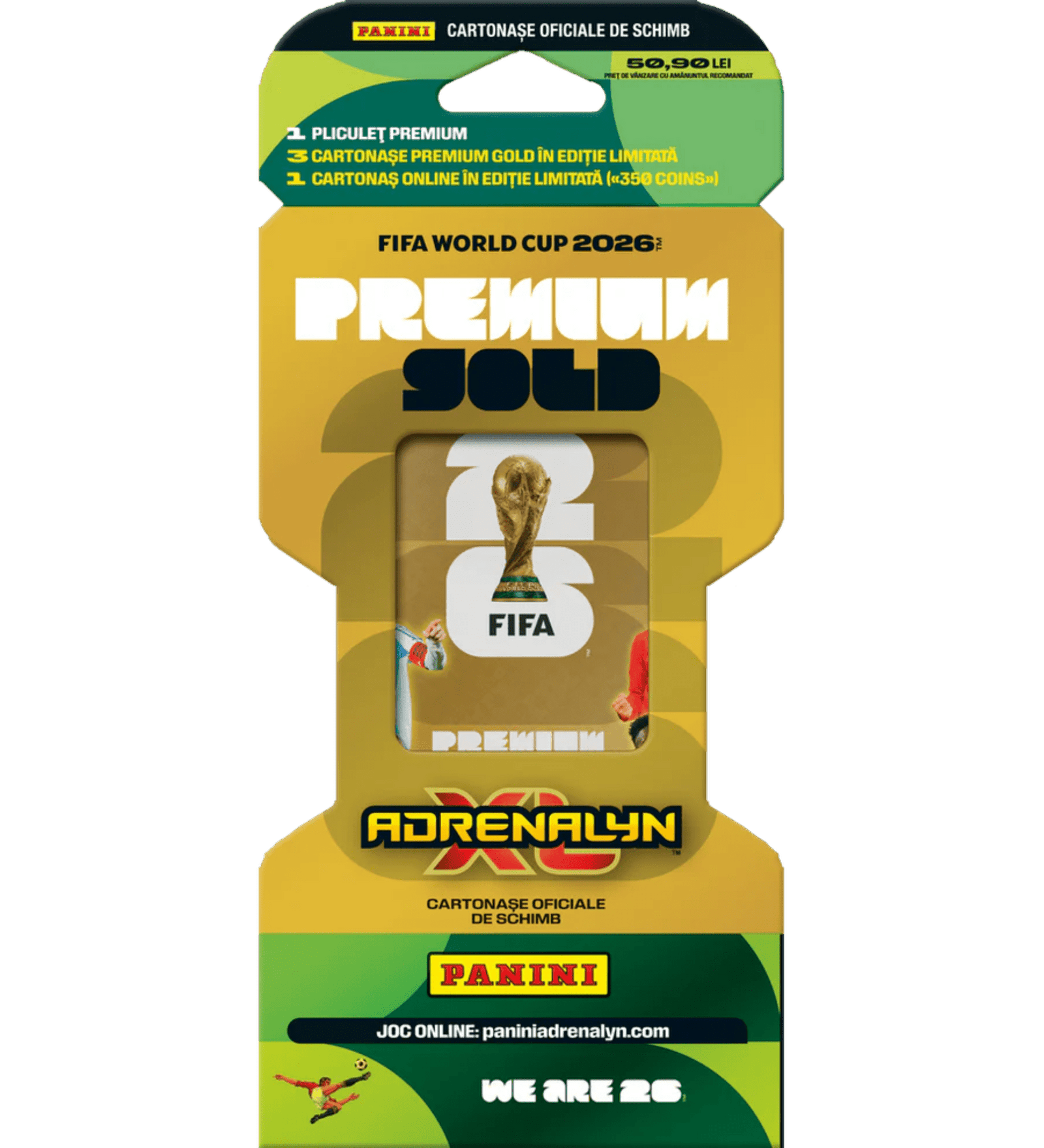Panini FIFA World Cup 2026 Adrenalyn XL Premium Gold gyűjtőkártya csomag arany színű csomagolásban, limitált kiadású futballkártyákkal és FIFA világbajnoki grafikával