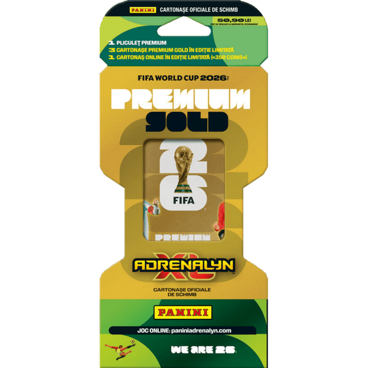 Panini FIFA World Cup 2026 Adrenalyn XL Premium Gold gyűjtőkártya csomag arany színű csomagolásban, limitált kiadású futballkártyákkal és FIFA világbajnoki grafikával