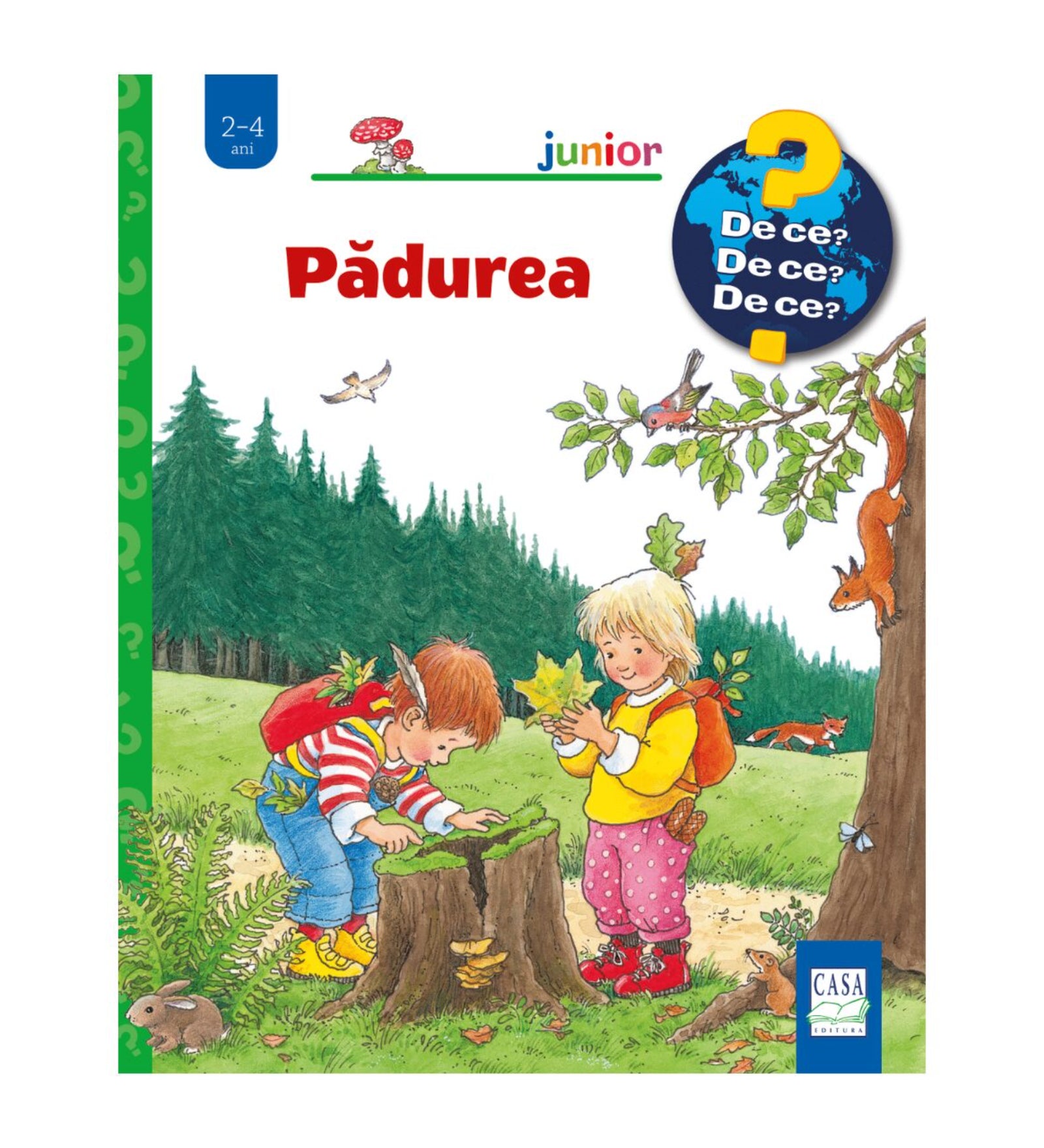 Pădurea – gyerekkönyv borító, amelyen két kisgyerek a fák között játszik, egyik fatönköt vizsgál, másik levelet tart, körülöttük mókus, nyúl, róka és madarak láthatók
