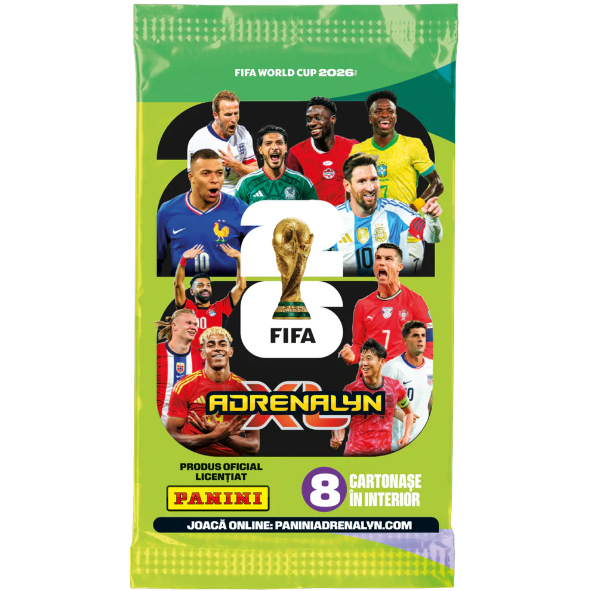 Panini FIFA World Cup 2026 Adrenalyn XL gyűjtőkártya csomag, zöld csomagolásban világbajnoki futballsztárok grafikájával és 8 kártyát tartalmazó booster pakkal