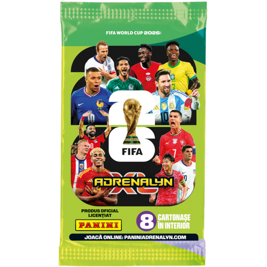 Panini FIFA World Cup 2026 Adrenalyn XL gyűjtőkártya csomag, zöld csomagolásban világbajnoki futballsztárok grafikájával és 8 kártyát tartalmazó booster pakkal