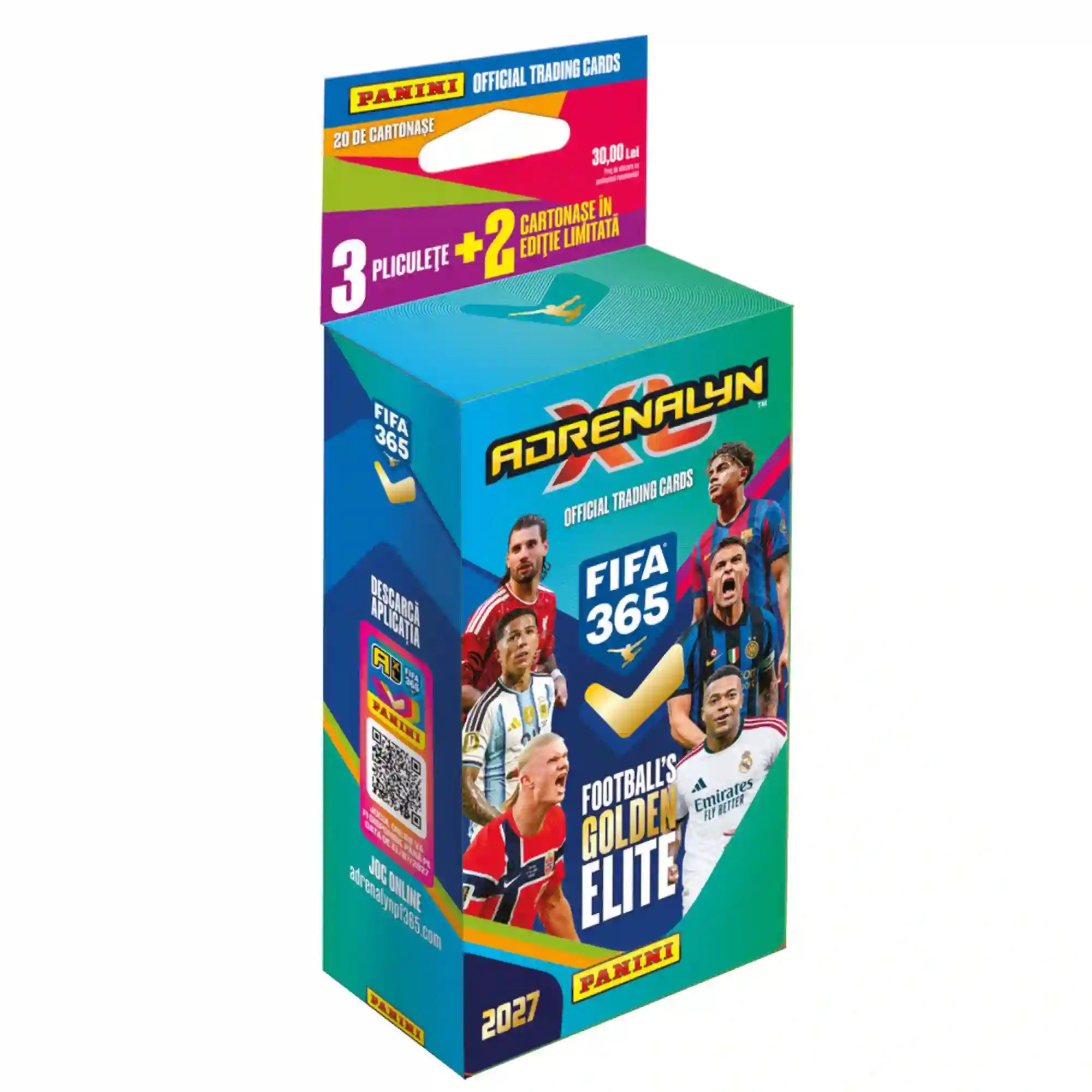 Panini Adrenalyn XL FIFA 365 2027 focis gyűjtőkártya multipack, 3 csomaggal és 2 limitált kiadású kártyával.