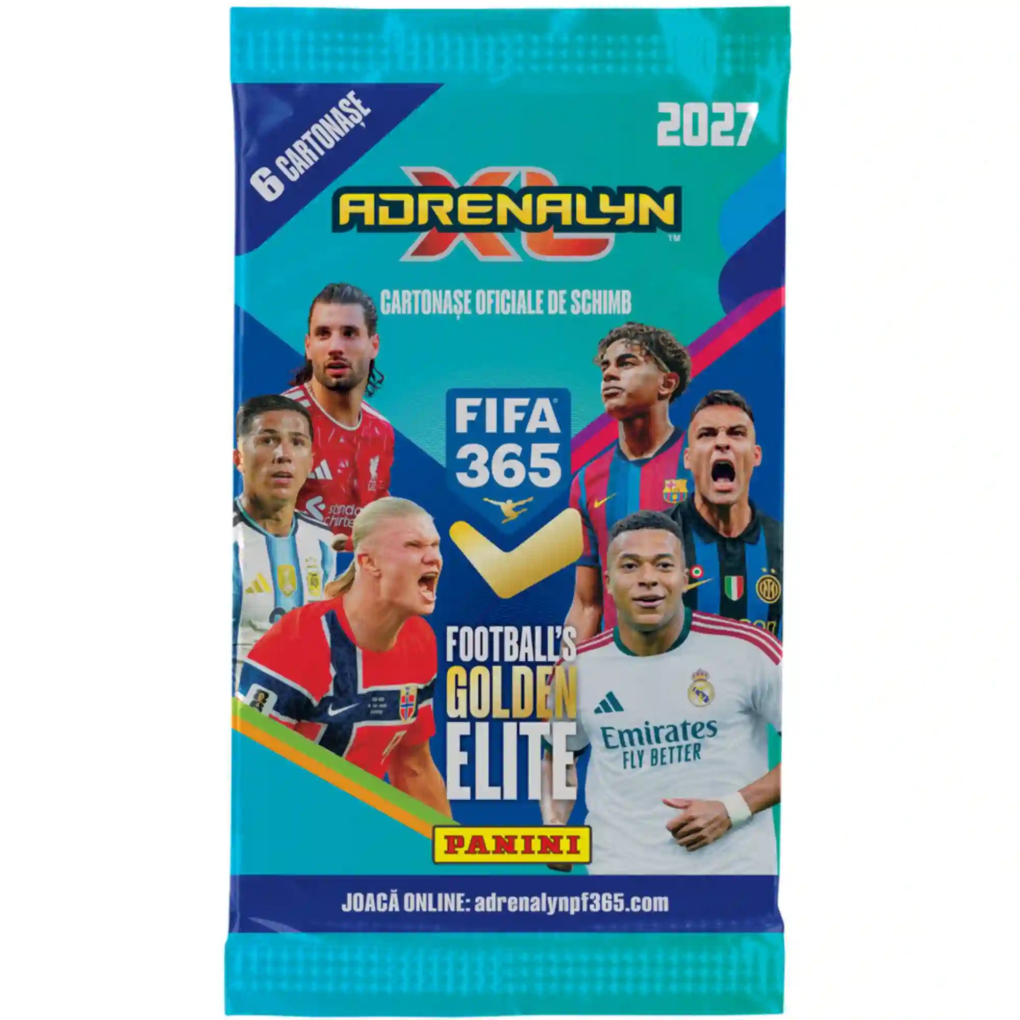 Panini Adrenalyn XL FIFA 365 2027 focis gyűjtőkártya csomag, 6 kártyával.