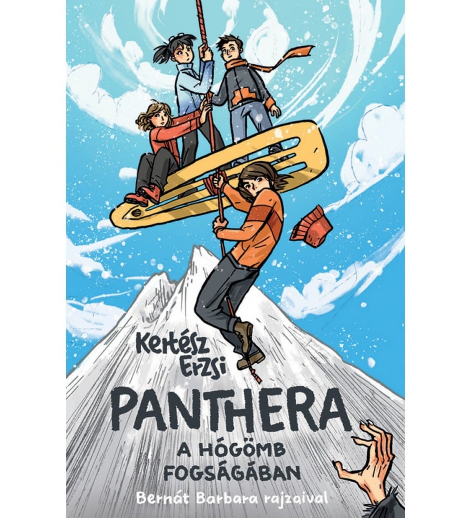 Kertész Erzsi: Panthera – A hógömb fogságában könyv borítója, Bernát Barbara illusztrációjával. A borítón négy fiatal kapaszkodik egy kötélbe és egy aranyszínű korongba a havas hegycsúcs fölött, miközben a viharos szél és hó örvénylik körülöttük. A kalandos ifjúsági regény borítója izgalmas, mozgalmas jelenettel ábrázolja a történet hangulatát.