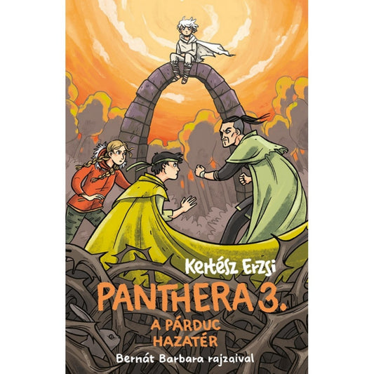 Kertész Erzsi: Panthera 3. – A párduc hazatér könyv borítója, Bernát Barbara illusztrációjával. A jelenet középpontjában három szereplő áll szemben egymással: egy zöld köpönyeges harcos, egy sárga köpenyes alak és egy piros ruhás lány. Feszültséggel teli pillanatot ábrázol a kép, míg felettük egy kőív tetején fehér ruhás, köpenyes fiú ül. A háttérben narancsszínű, izzó égbolt és fekete fák láthatók, amely drámai hangulatot kölcsönöz a jelenetnek.