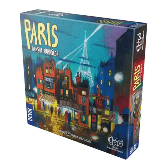 A Paris: A fények városa társasjáték doboza, amely egy festői párizsi éjszakai jelenetet ábrázol az Eiffel-toronnyal.