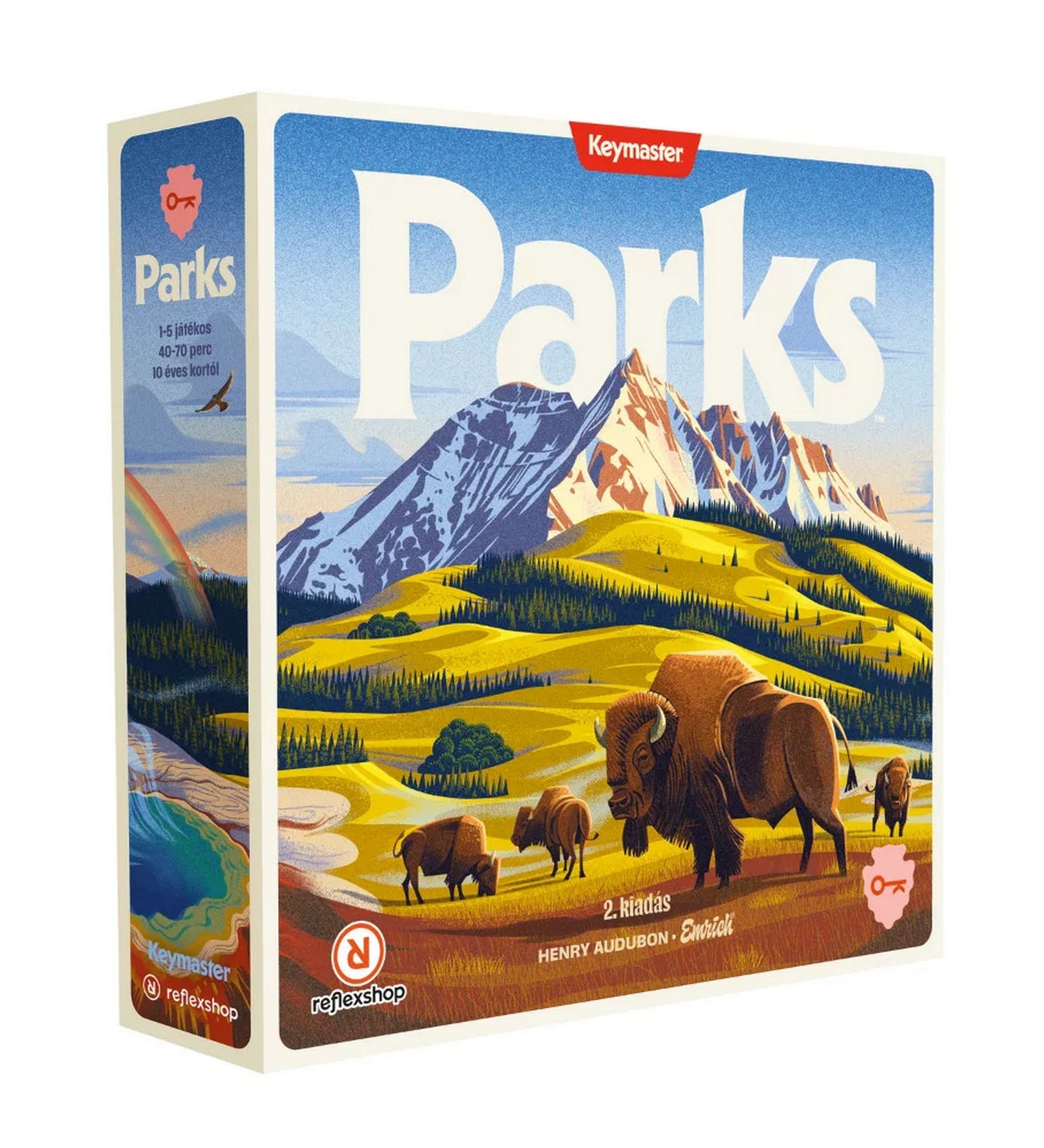 Parks társasjáték doboz, hegyvidéki táj illusztrációval, bölényekkel és nemzeti park hangulatú grafikával.
