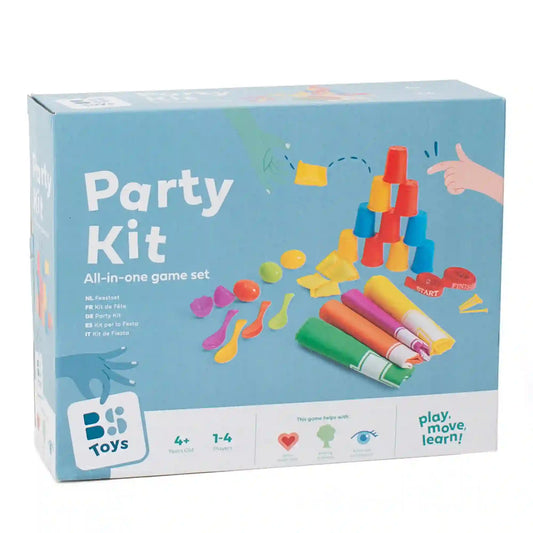 BS Toys Party Kit ügyességi játék doboza, többféle szabadtéri ügyességi játékkal egy készletben.