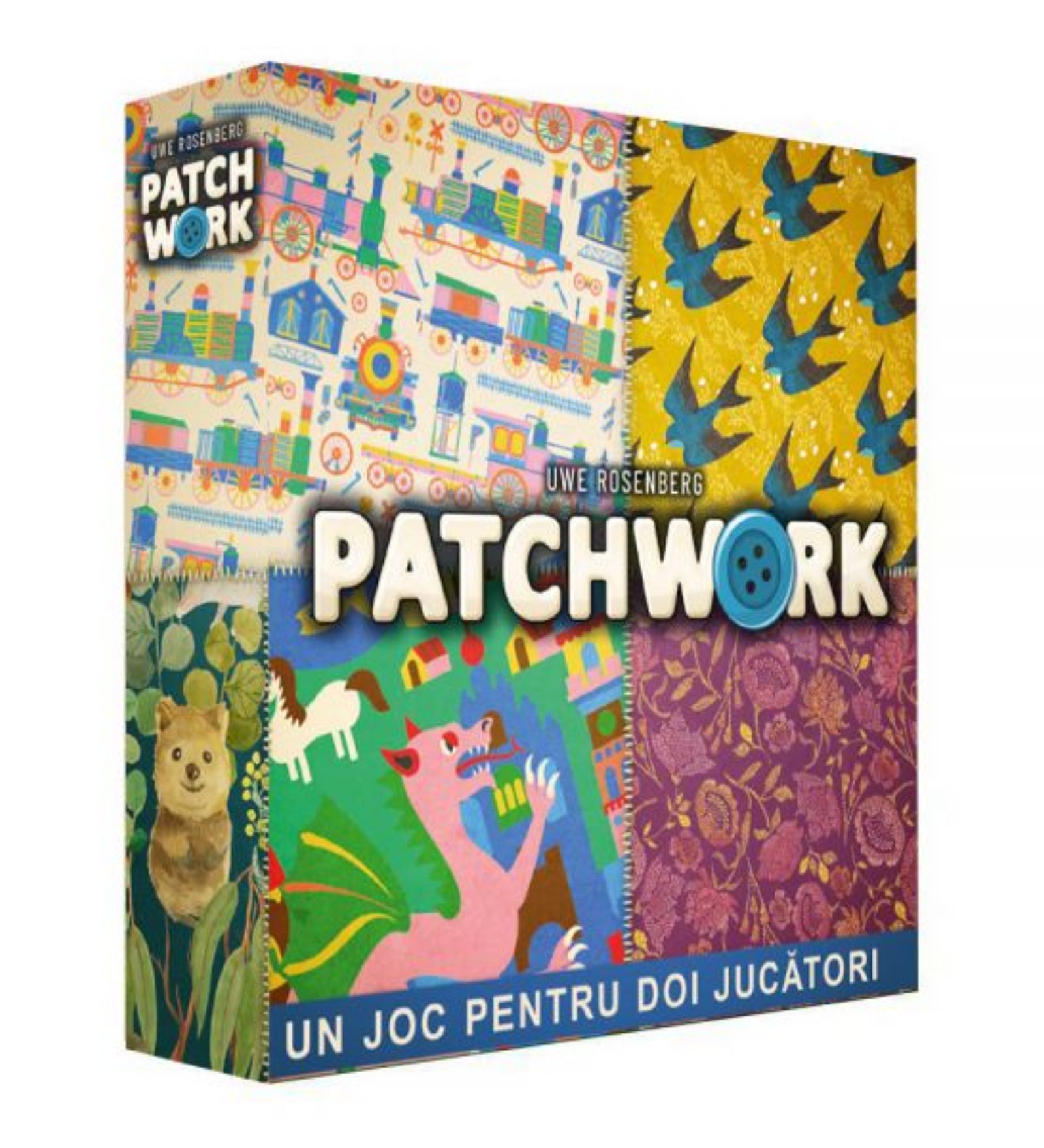 A Patchwork társasjáték doboz eleje, színes textilmintákkal és a játék címével.