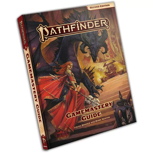 Pathfinder Gamemastery Guide szerepjáték könyv borító, fantasy jelenettel, vörös ruhás harcos nővel és hatalmas sárkánnyal háttérben.