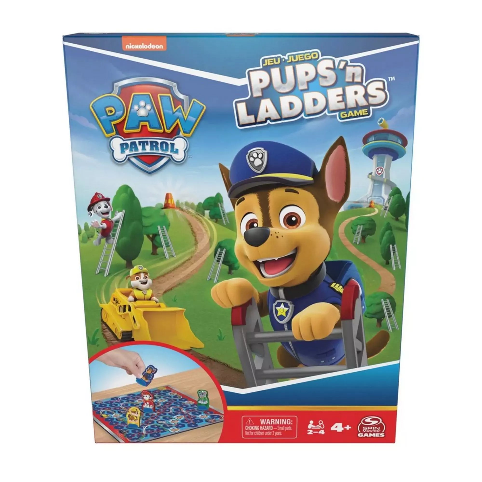 Paw Patrol (Mancs Őrjárat): Kutyusok és létrák társasjáték doboza. A borítón Chase, Marshall és Rubble látható, háttérben a kilátótoronnyal.