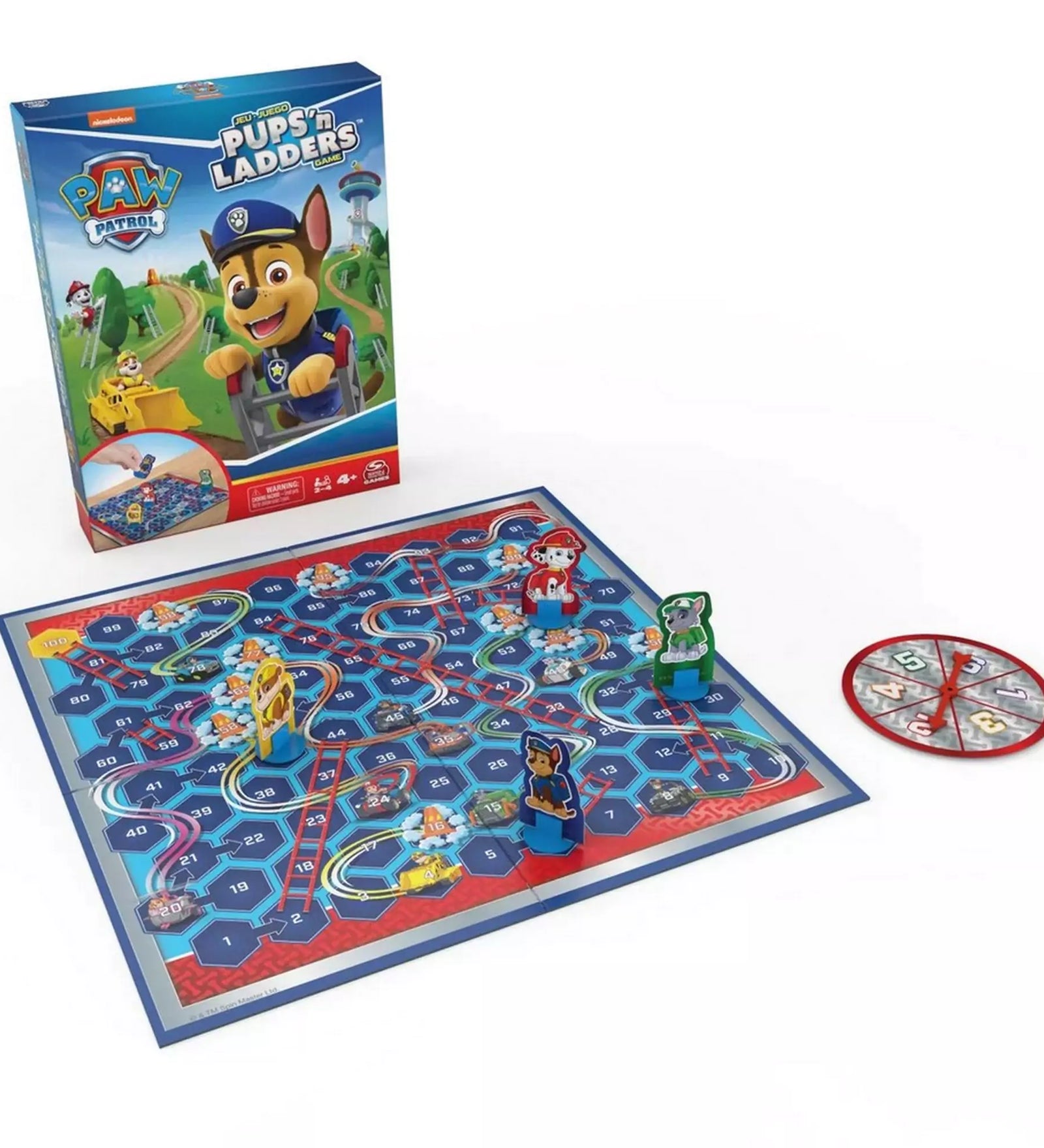 Paw Patrol (Mancs Őrjárat): Kutyusok és létrák társasjáték kibontva. A játéktáblán létrák és csúszdák segítik vagy hátráltatják a kutyusokat.