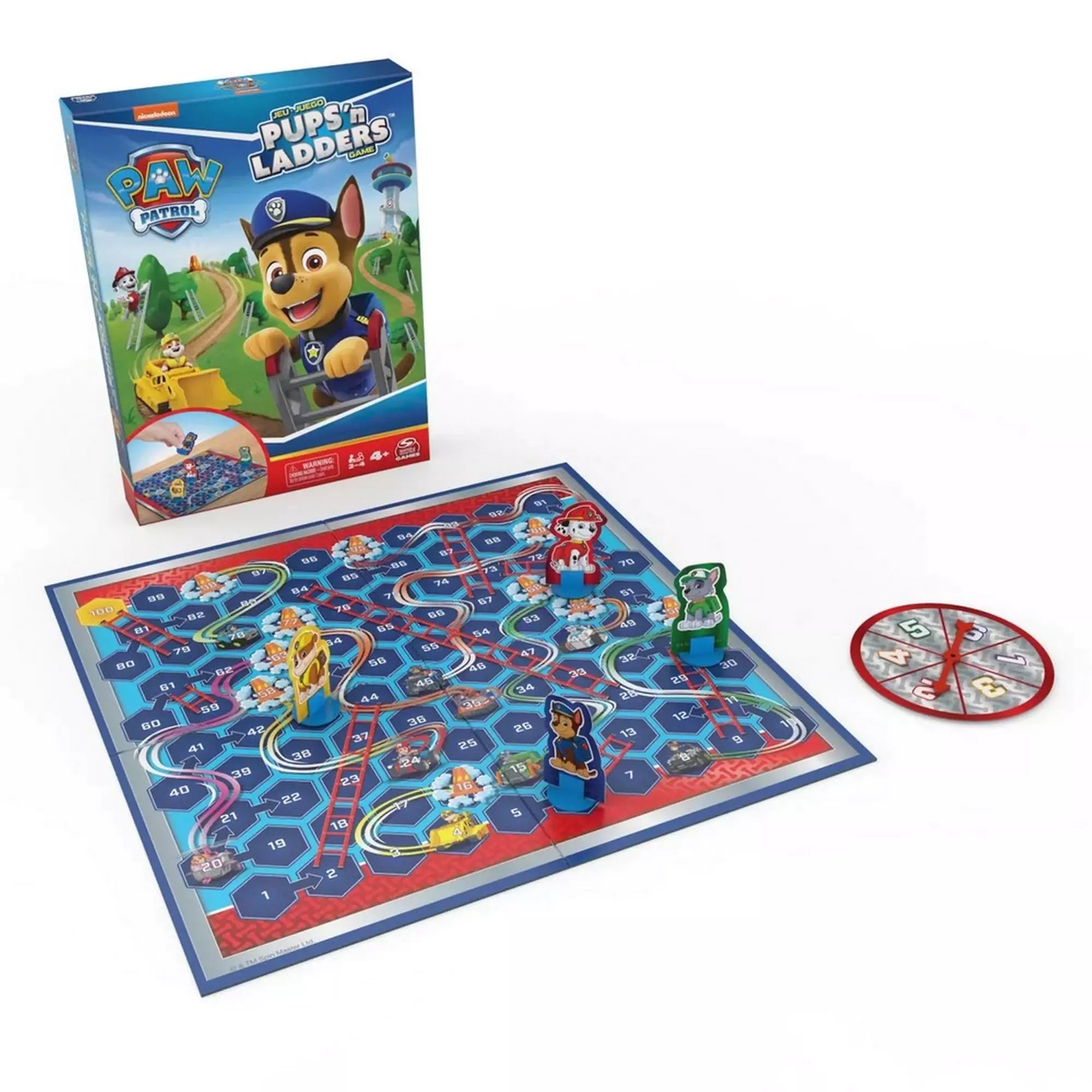 Paw Patrol (Mancs Őrjárat): Kutyusok és létrák társasjáték kibontva. A játéktáblán létrák és csúszdák segítik vagy hátráltatják a kutyusokat.