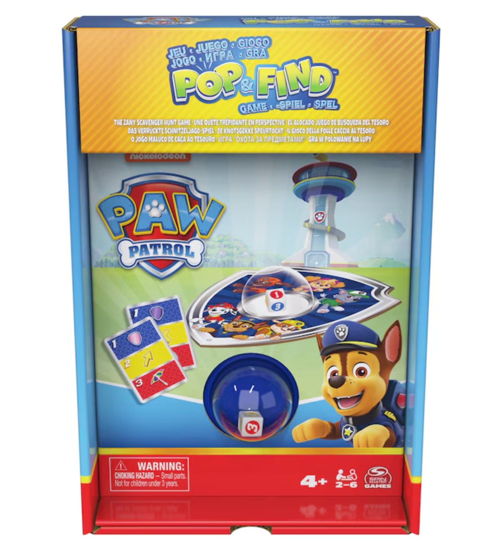 „PAW Patrol Pop & Find társasjáték doboza: Chase és a kutyusok képei, pop-it mechanikás játékpanel és színes keresőkártyák.”