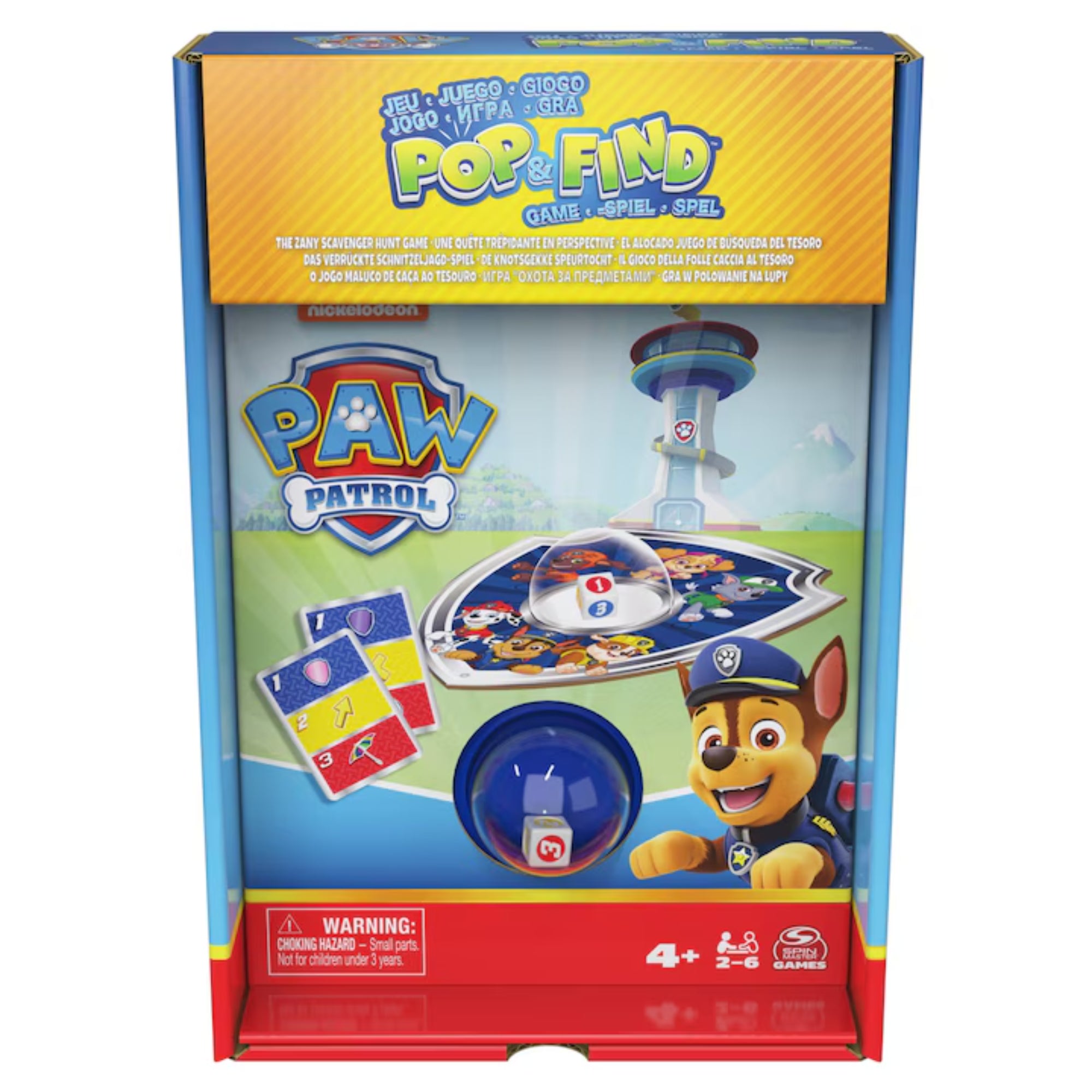 „PAW Patrol Pop & Find társasjáték doboza: Chase és a kutyusok képei, pop-it mechanikás játékpanel és színes keresőkártyák.”