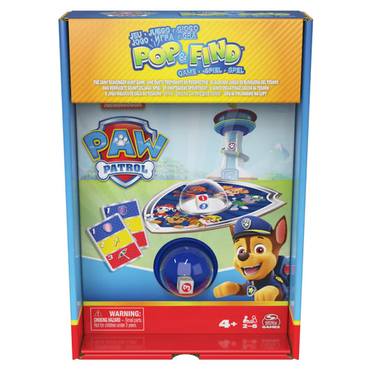 „PAW Patrol Pop & Find társasjáték doboza: Chase és a kutyusok képei, pop-it mechanikás játékpanel és színes keresőkártyák.”
