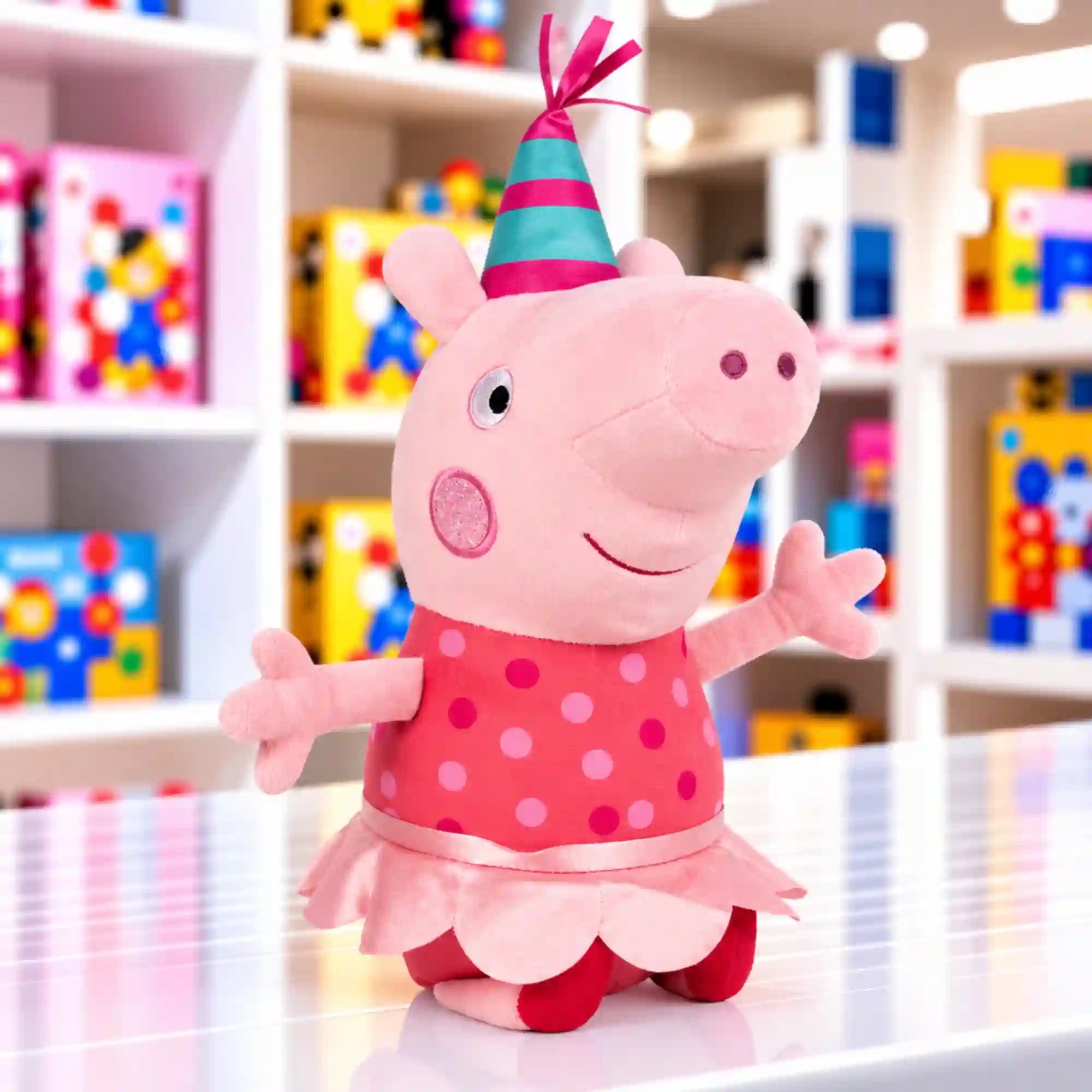 Peppa malac plüssfigura – születésnapi sapkában, pöttyös rózsaszín ruhában és szoknyában.