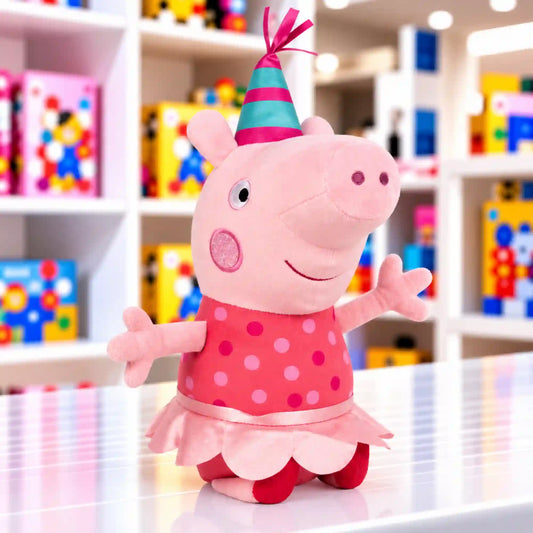 Peppa malac plüssfigura – születésnapi sapkában, pöttyös rózsaszín ruhában és szoknyában.