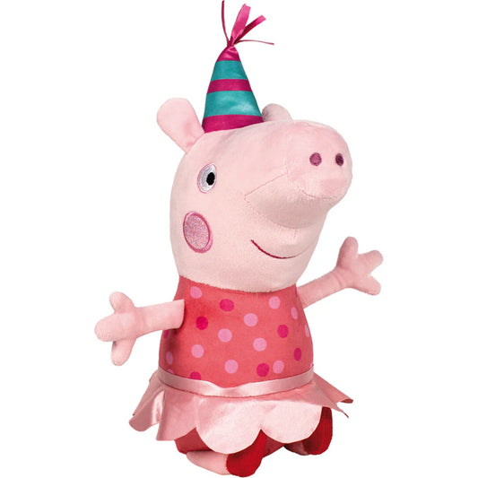 Peppa malac plüssfigura színes, csíkos szülinapi sapkában és piros pöttyös ruhában, mosolygó arccal és kitárt karokkal, puha anyagból készült játékfigura.