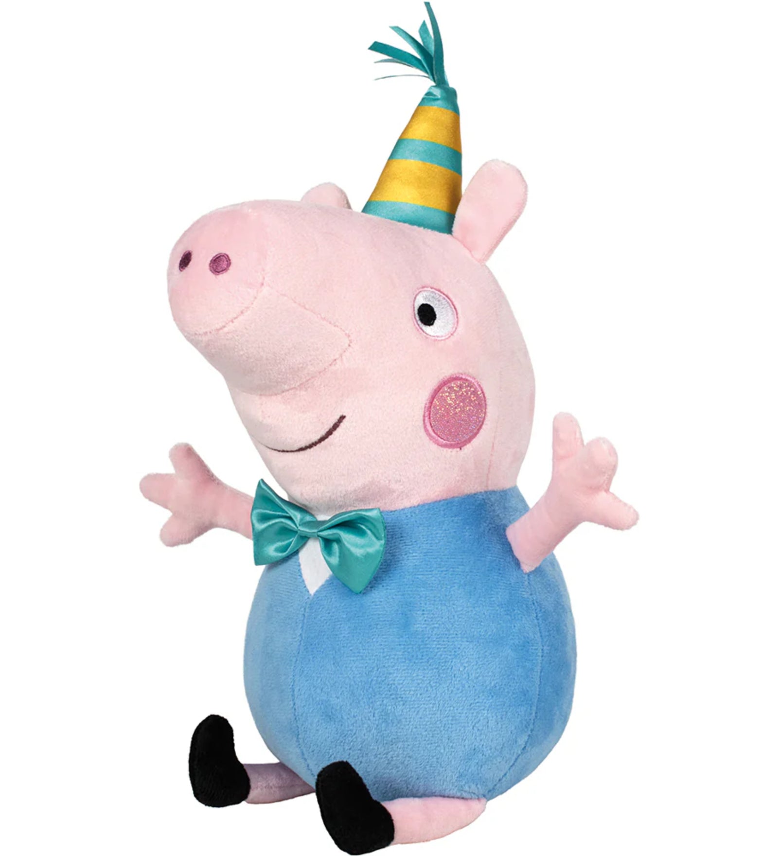 Peppa malac – Zsoli malac puha plüssfigura kék ruhában, zöld csokornyakkendővel és csíkos születésnapi sapkával.