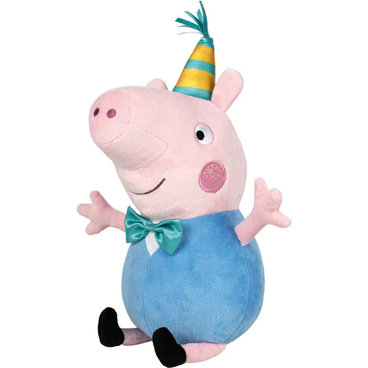 Peppa malac – Zsoli malac puha plüssfigura kék ruhában, zöld csokornyakkendővel és csíkos születésnapi sapkával.