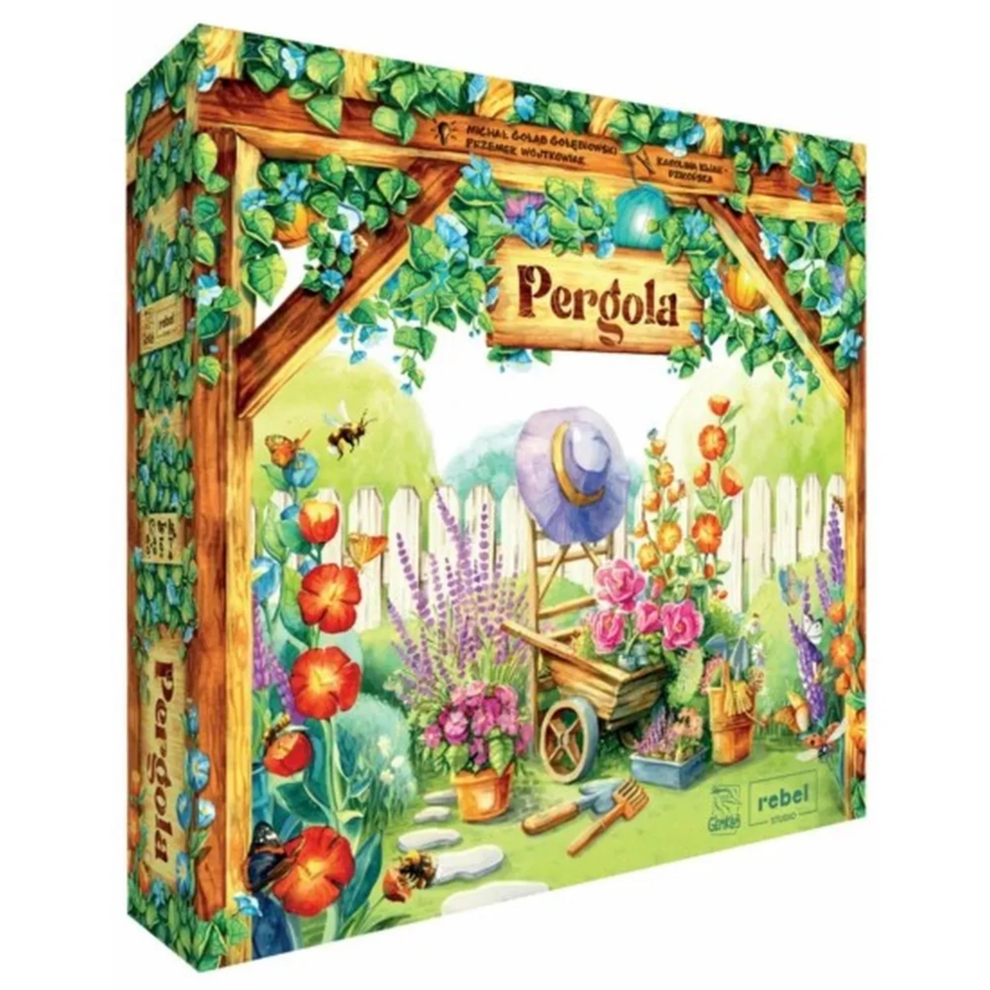 A Pergola társasjáték színes doboza, amelyen egy hangulatos virágos kert látható pergolával, kerti szerszámokkal, virágzó növényekkel és rovarokkal. színes doboza, amelyen egy hangulatos virágos kert látható pergolával, kerti szerszámokkal, virágzó növényekkel és rovarokkal.