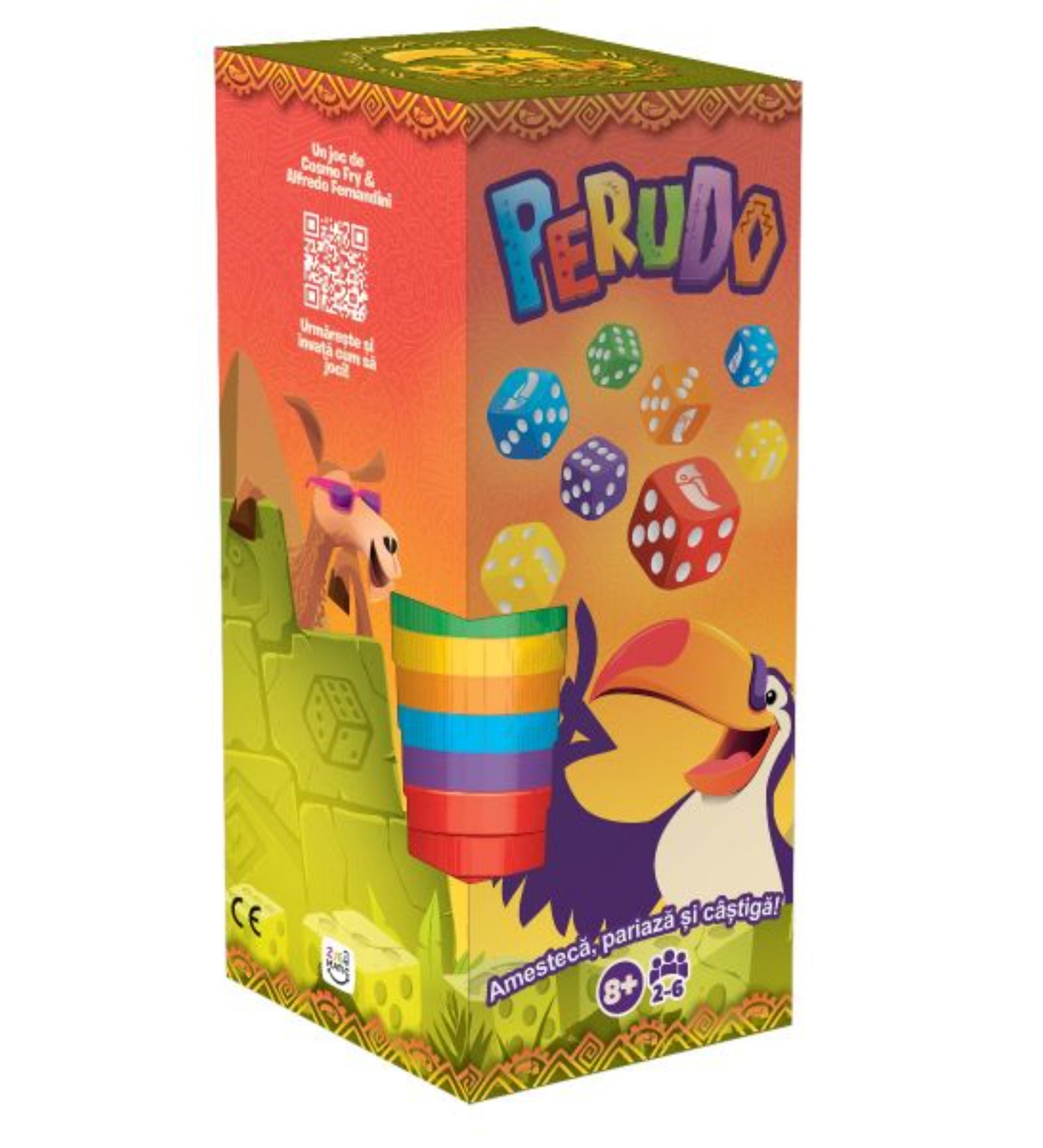 A Perudo társasjáték színes, élénk mintázatú doboza román felirattal („Amestecă, pariază și câștigă!”), háttérben kockák, egy tukán és egy viccesen ábrázolt lámafigura.