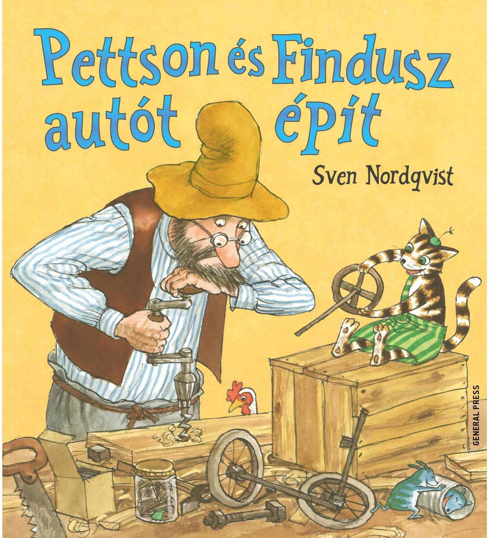 A Pettson és Findusz autót épít című könyv borítója, amelyen Pettson barkácsol az asztalnál, miközben Findusz, a macska egy faládán ül és alkatrészekkel játszik.