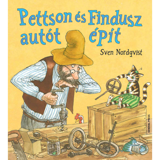A Pettson és Findusz autót épít című könyv borítója, amelyen Pettson barkácsol az asztalnál, miközben Findusz, a macska egy faládán ül és alkatrészekkel játszik.