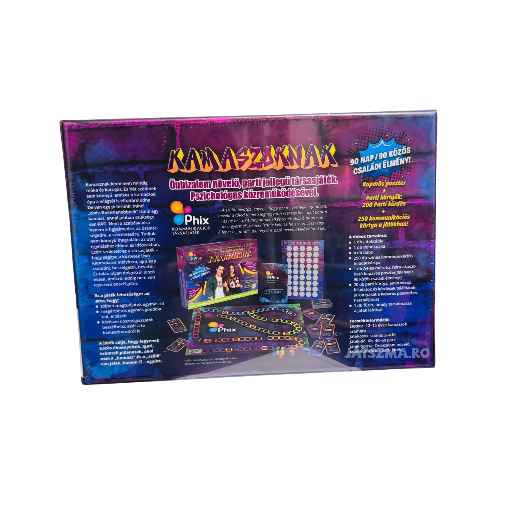 A Phix Kamaszoknak kommunikációs társasjáték hátoldala, részletes leírással a játék céljáról, pszichológus közreműködésével fejlesztett tartalomról, játékelemekről, kártyákról, kaparós poszterről és a doboz teljes tartalmáról.