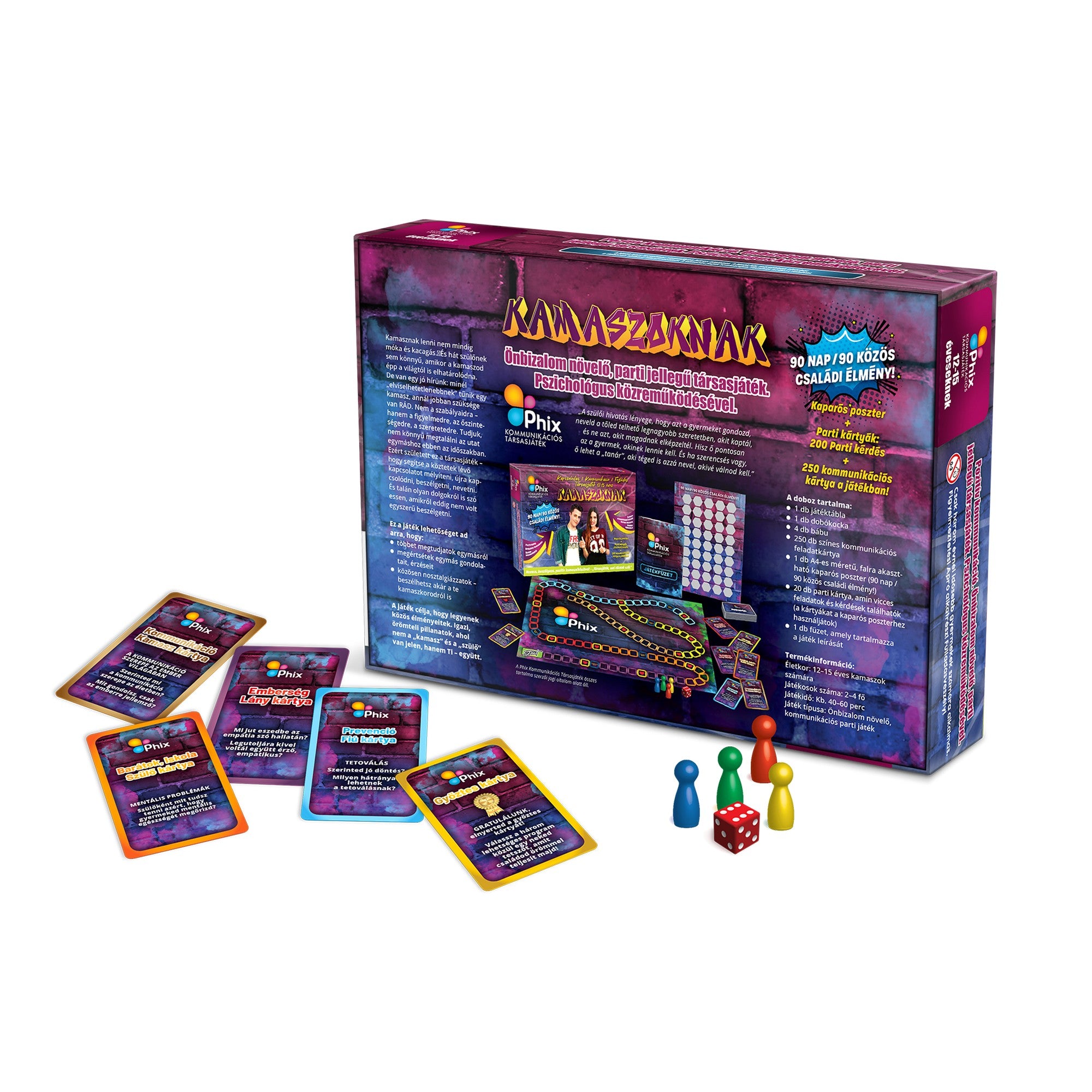 Phix Kamaszoknak társasjáték doboz és játékelemek fehér háttéren, kártyákkal és bábukkal.