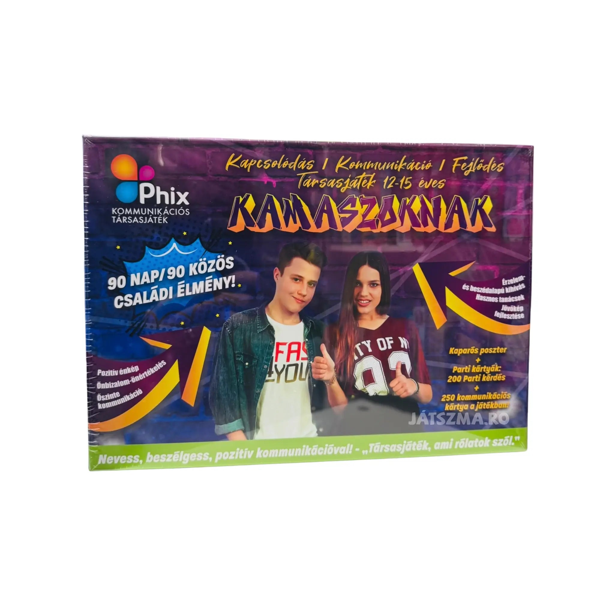 Phix Kamaszoknak társasjáték dobozának előlapja, két tinédzser szereplővel, „90 nap / 90 közös családi élmény” felirattal, önbizalomnövelő és kommunikációt fejlesztő, 12–15 éveseknek ajánlott partijáték.
