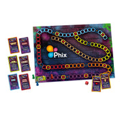 Phix Kamaszoknak társasjáték játéktábla közelről, színes mezőkkel, szív ikonokkal és Phix logóval.