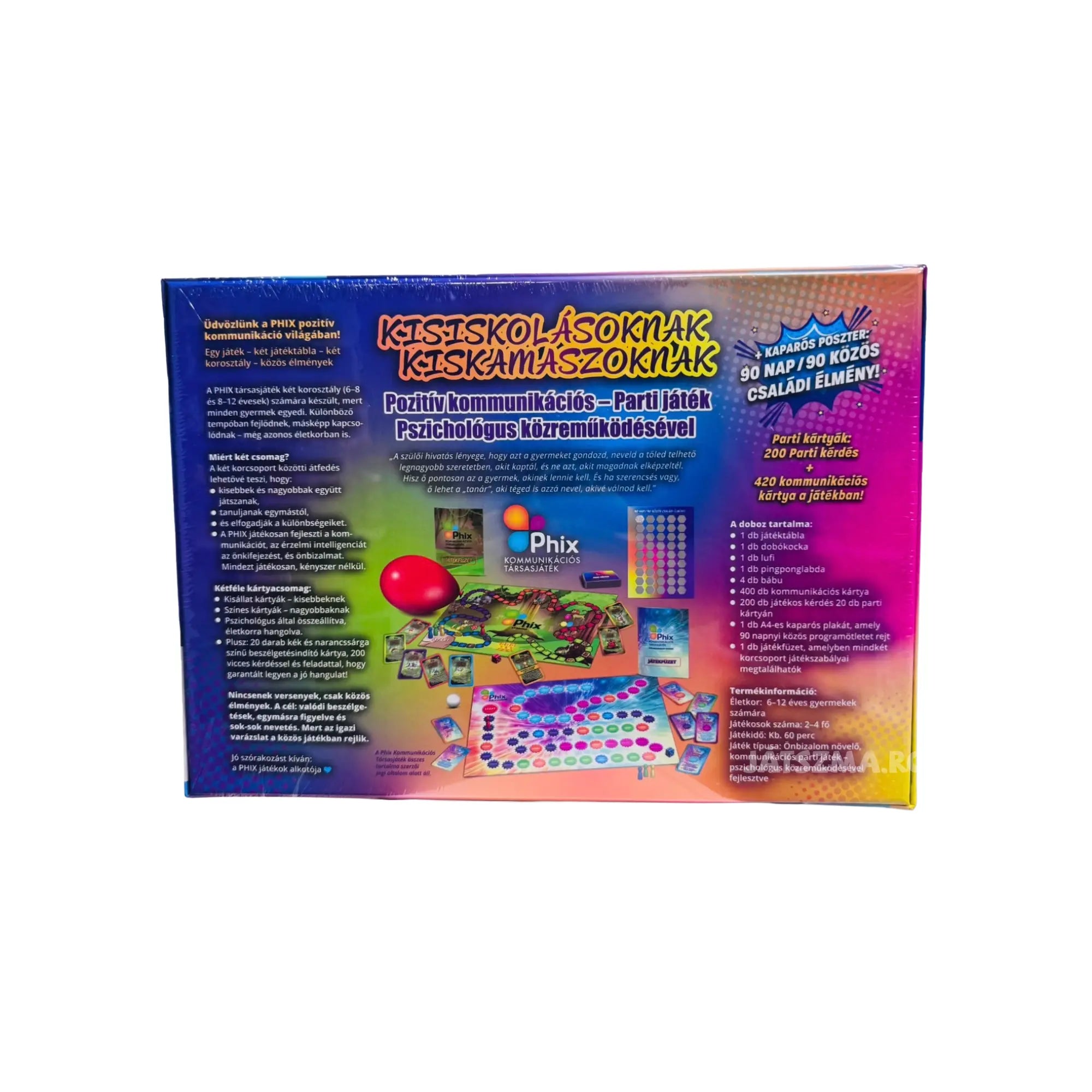 A Phix Kisiskolásoknak és Kiskamaszoknak kommunikációs társasjáték hátoldala, részletes játékleírással, doboztartalom felsorolással, két játéktáblával, kommunikációs és parti kártyákkal, valamint családi élményre épülő játékbemutatóval.