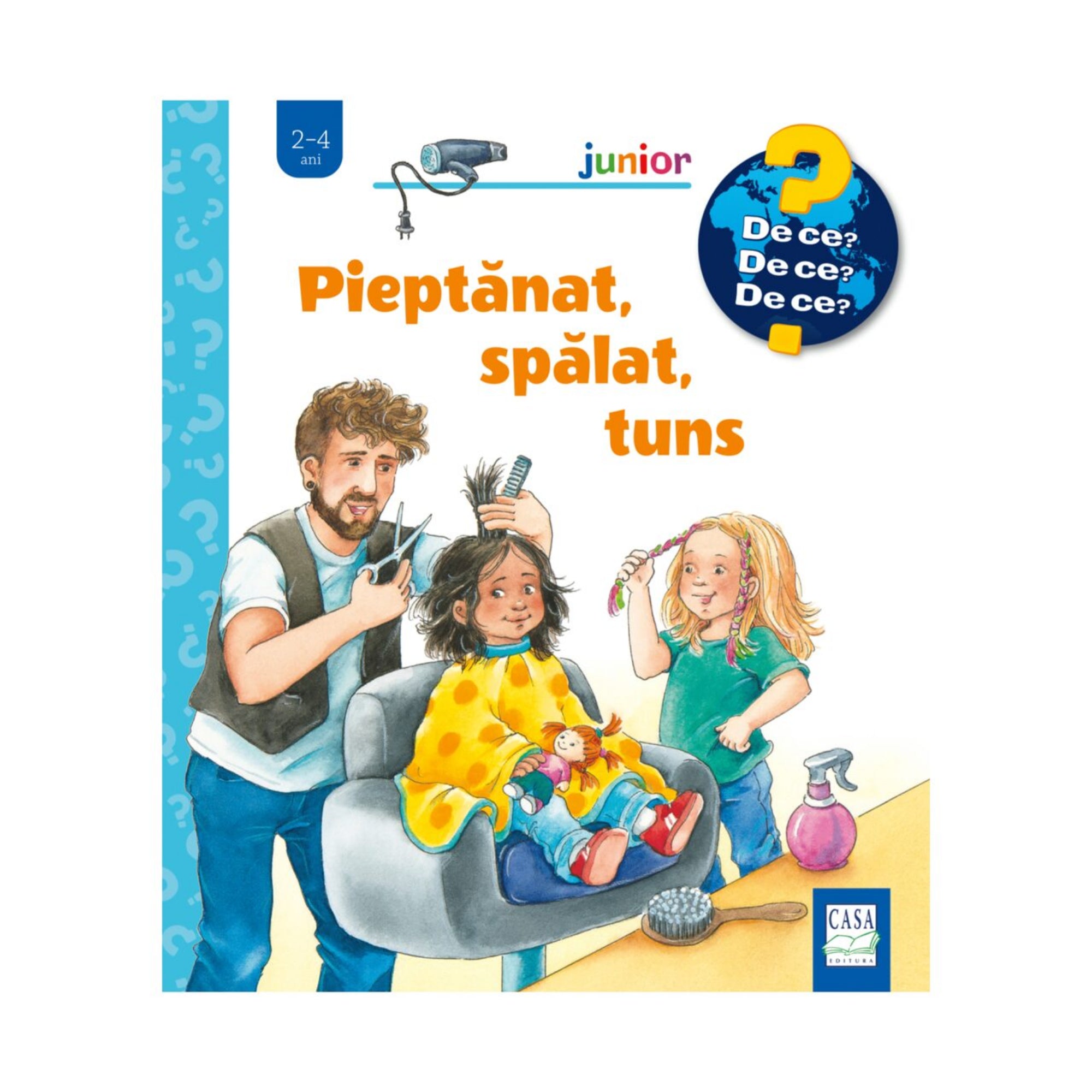 „Pieptănat, spălat, tuns” gyerekkönyv borítója, amelyen egy fodrász vágja egy kislány haját a szalonban, mellette másik kislány fésűvel játszik, az asztalon hajápoló eszközökkel.