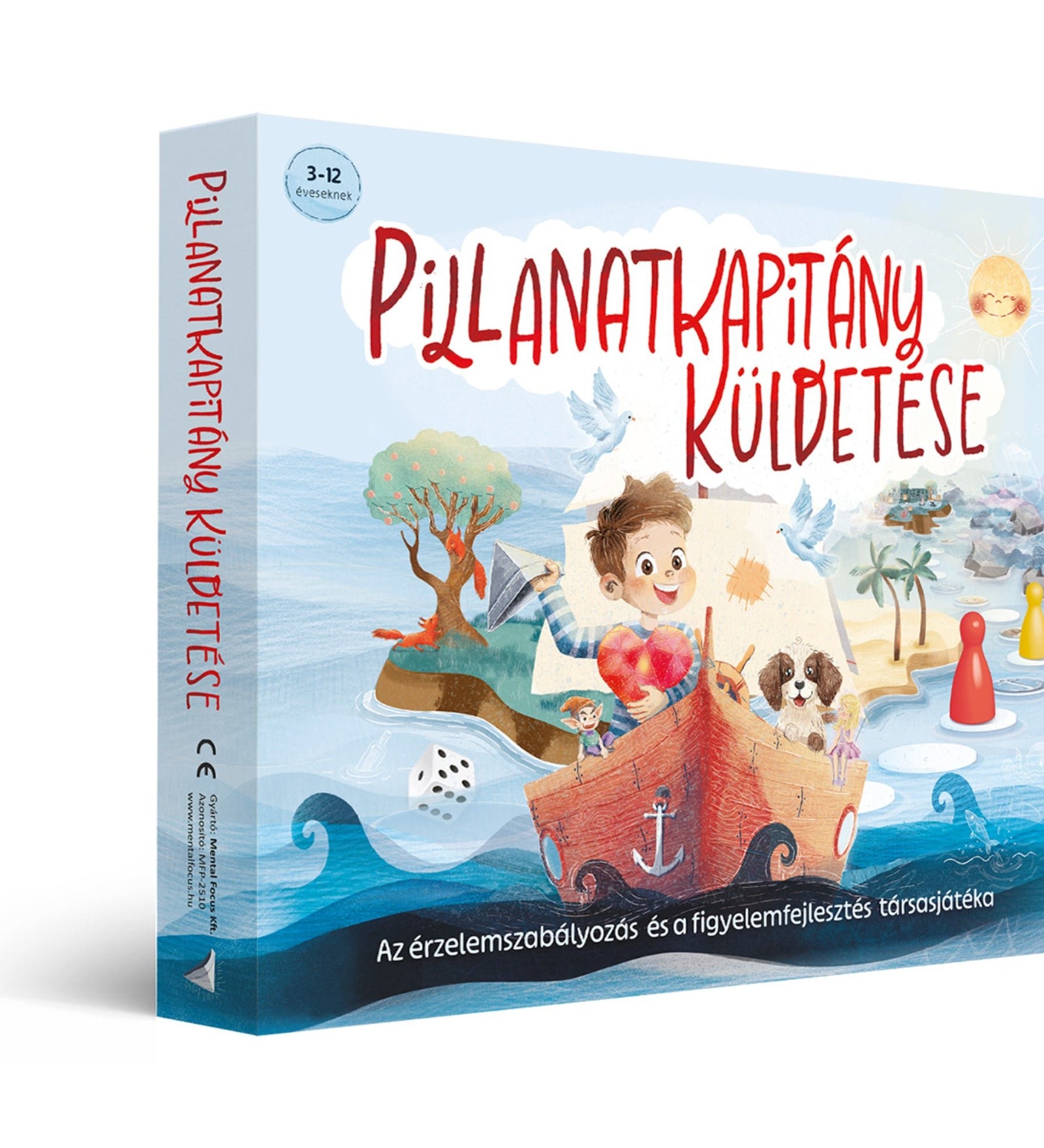 Pillanatkapitány küldetése társasjáték doboza, érzelemszabályozást és figyelemfejlesztést segítő gyerekjáték 3–12 éveseknek.